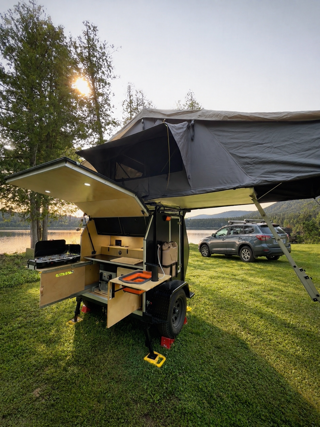 A compact, mobile camping trailer with built-in kitchen and sleeping space, set up on a grassy area near a lake with trees and a car in the background, during sunset.