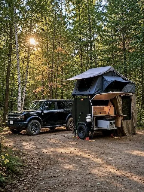 A black SUV parked in a forest with a rooftop tent set up on a trailer nearby during sunset.