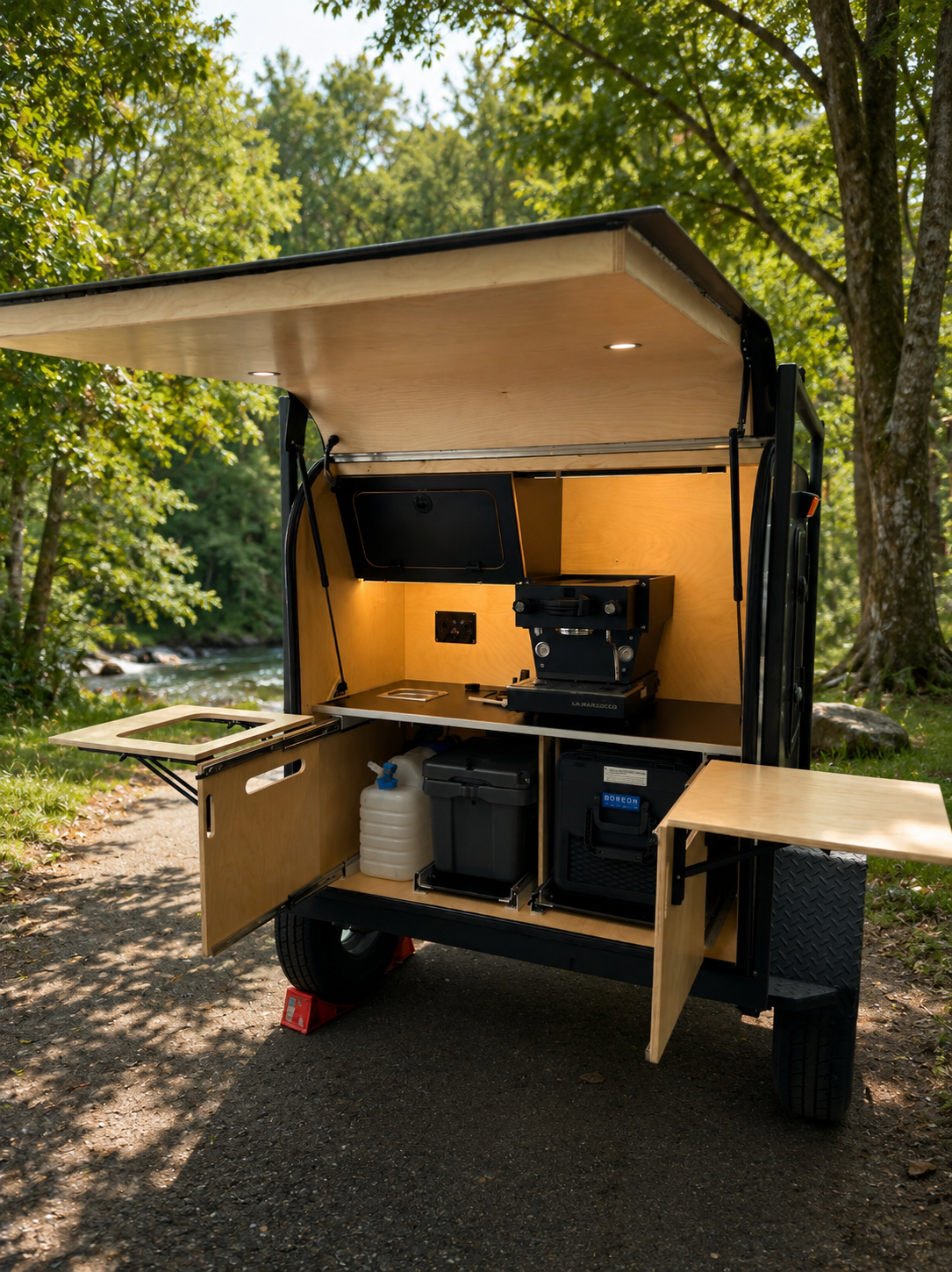 A portable food truck with wooden interior and fold-out side tables, set up outdoors in a wooded park next to a creek.