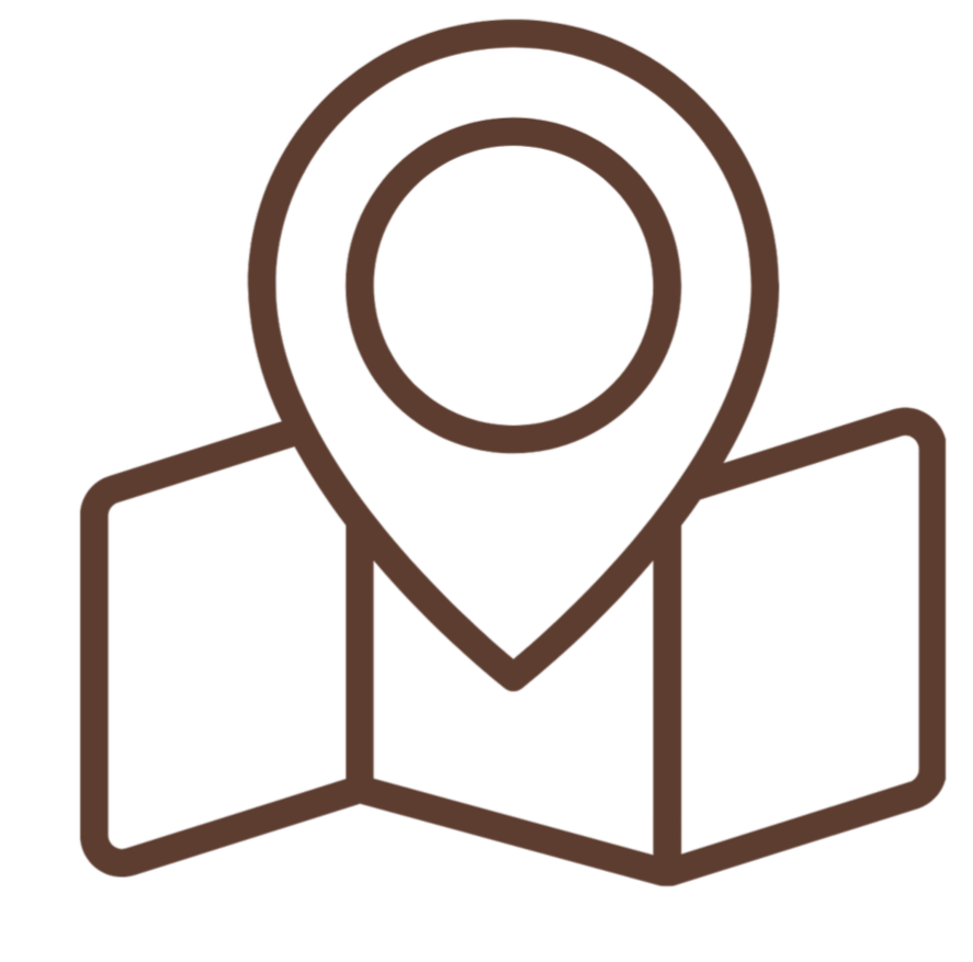 A simple line drawing of a map with a location pin on it.