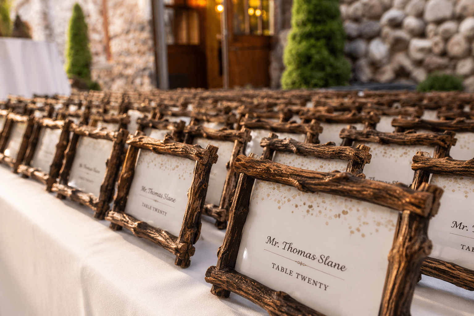 Table setting with rustic wooden picture frames holding name cards, set for a wedding or formal event.