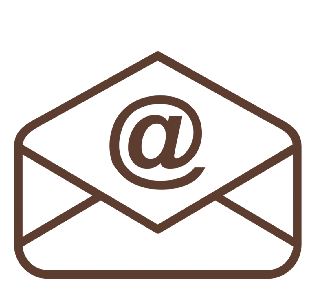 Brown outline icon of an envelope with an '@' symbol inside.