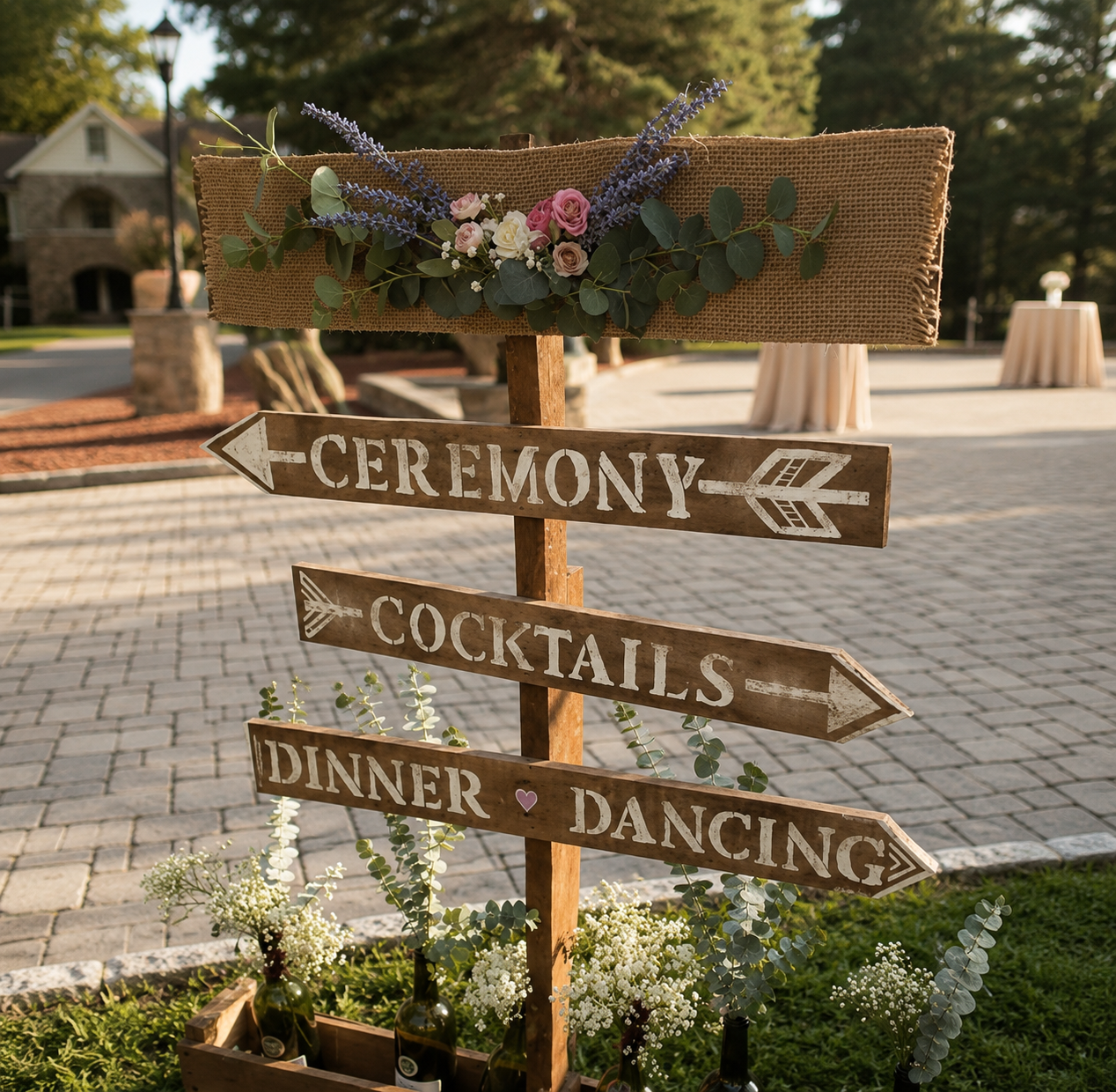 Wooden signpost with four arrows, pointing left for "Ceremony" and "Dinner", right for "Cocktails" and "Dancing," decorated with flowers and greenery, situated outdoors on a paved area.