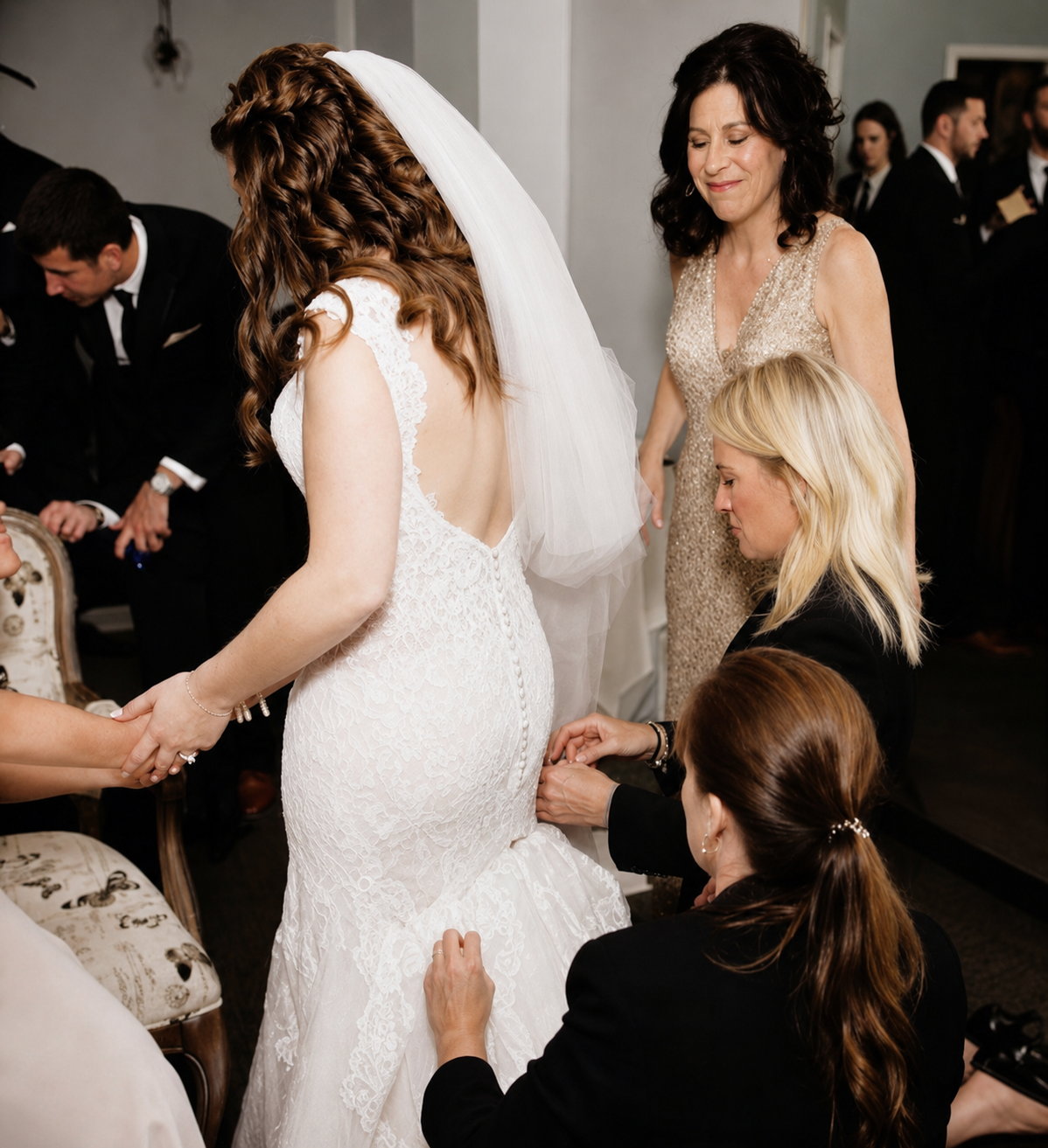 Bride in a lace wedding dress getting ready with assistance from women, surrounded by others in formal attire, at a wedding preparation.
