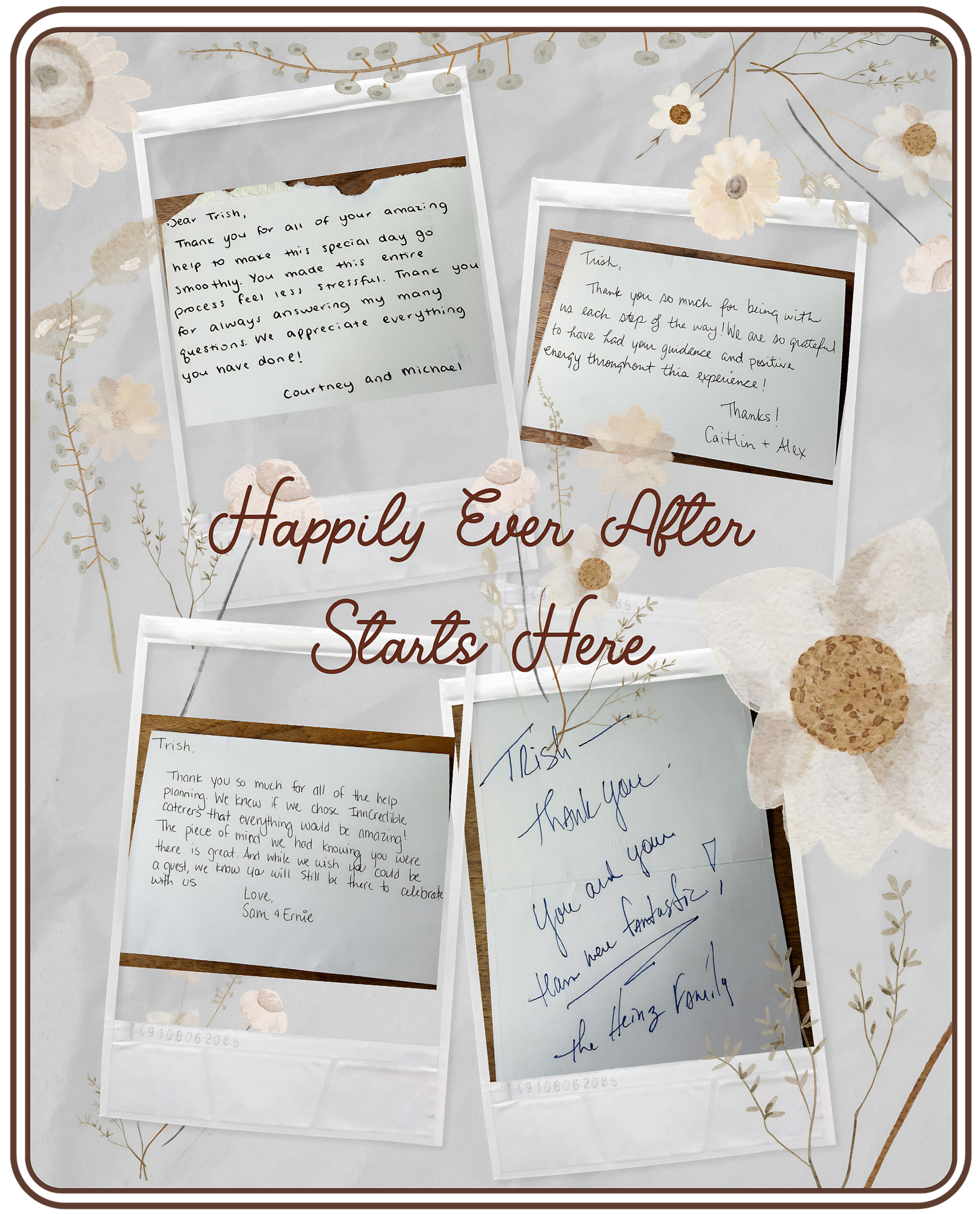 A collection of handwritten thank you notes on paper, displayed on a floral patterned background with some photos framed, combined with illustrations of flowers and leaves. The notes express gratitude and appreciation.
