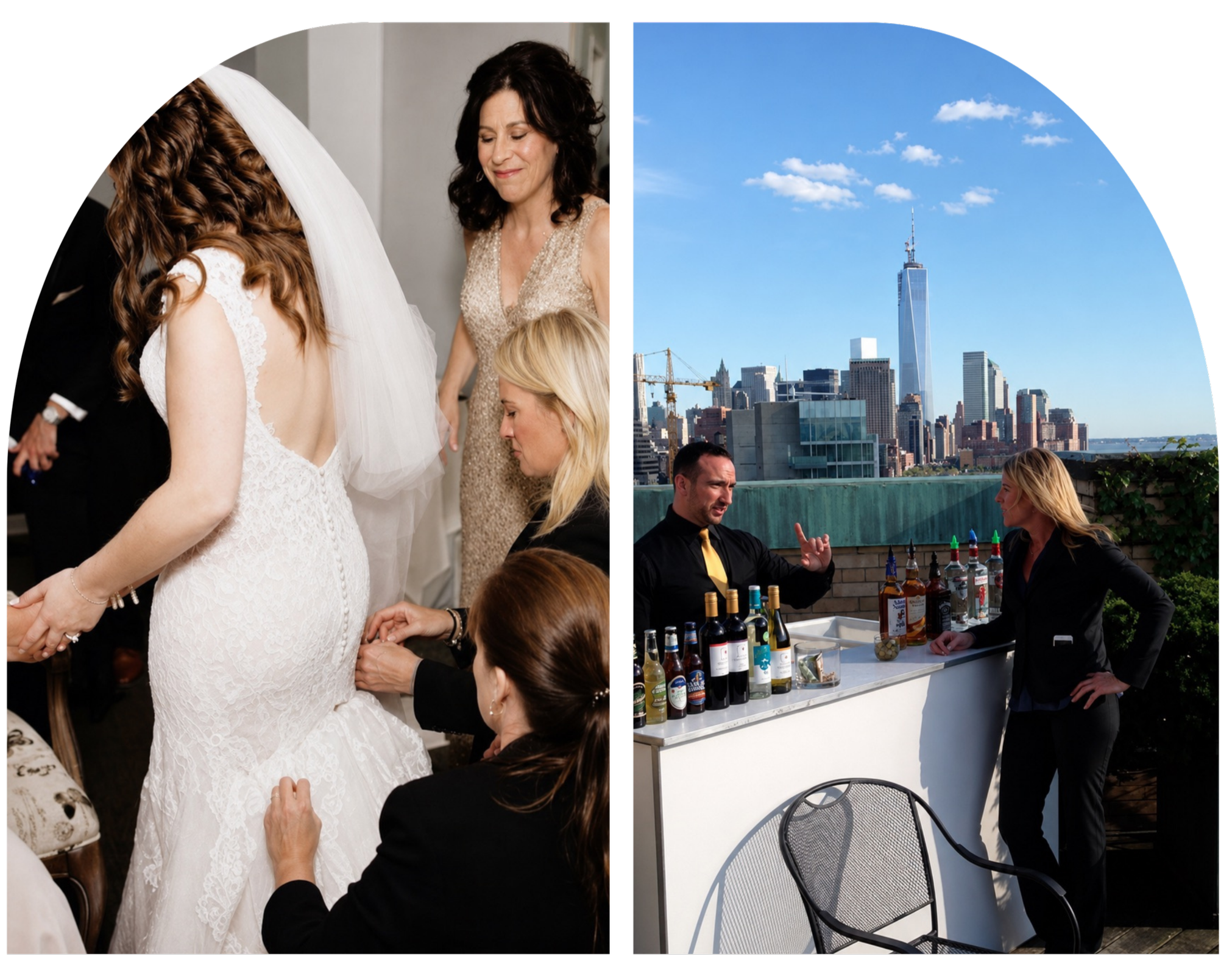 A bride in a white lace wedding dress having her hands held by a person during a wedding ceremony, with a woman in a beige dress smiling nearby. In the background, a city skyline with tall buildings and a rooftop bar with two people talking at a table with liquor bottles is visible.