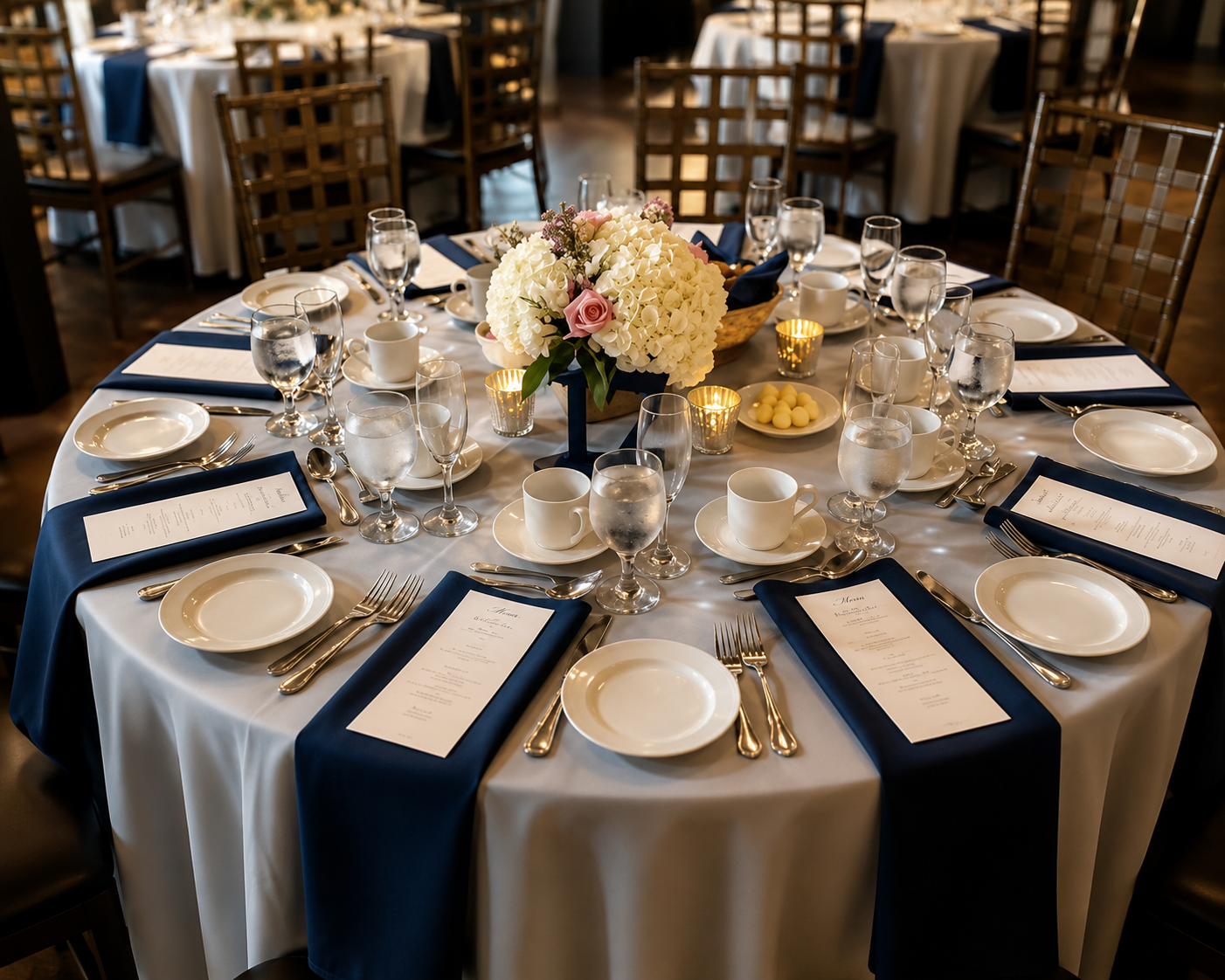 Round table set for a formal event with a white tablecloth, navy blue napkins, plates, silverware, wine glasses, coffee cups, a large floral centerpiece with white hydrangeas and pink roses, and candles.