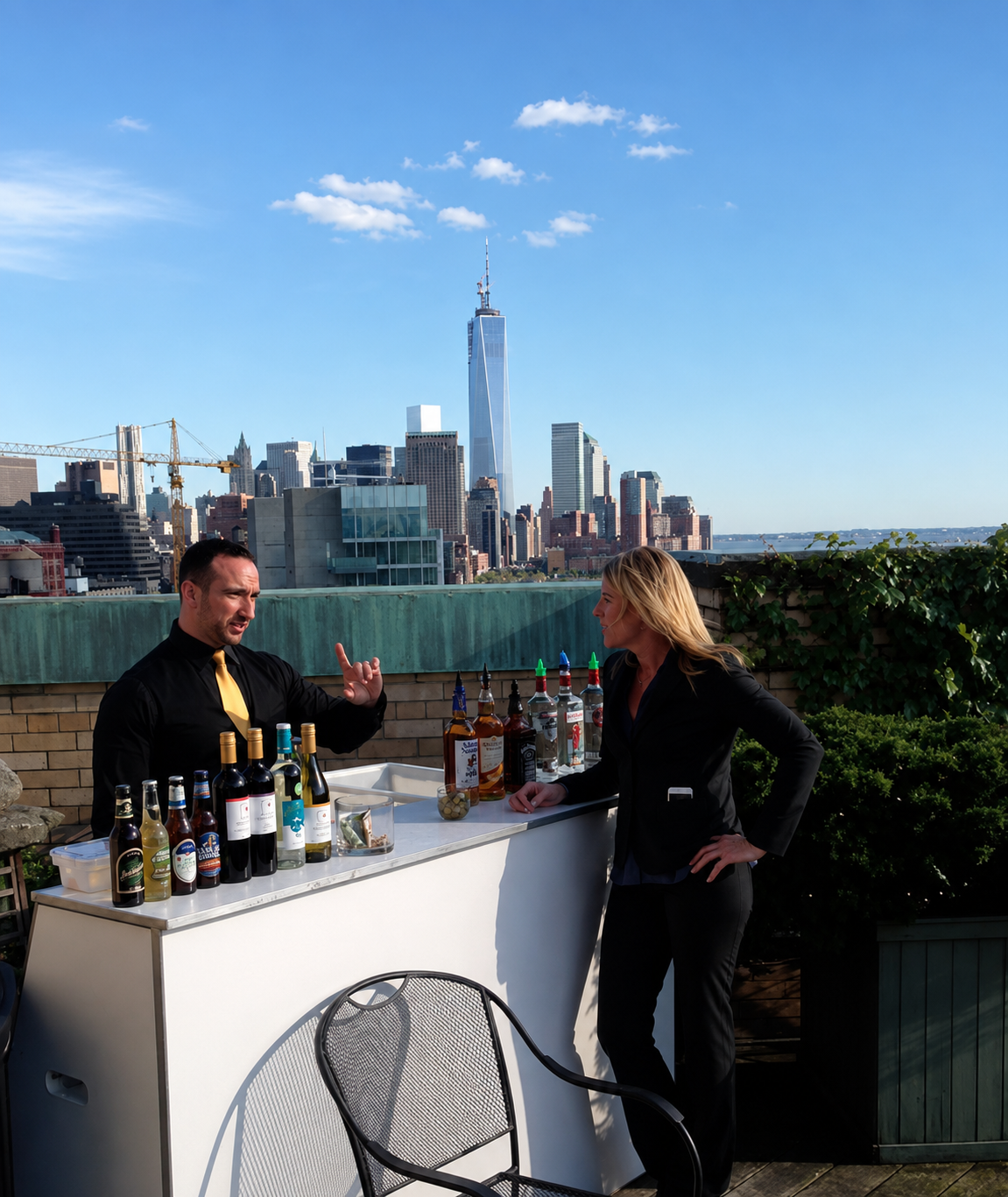 A rooftop bar scene with a bartender and a woman talking, city skyline with One World Trade Center in the background, and a variety of liquor bottles on the bar.