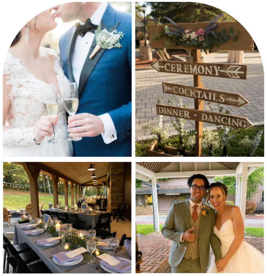 A collage of four images from a wedding celebration: 1) A bride and groom holding champagne glasses, close-up view; 2) A wooden sign with floral decorations, pointing to areas for ceremony, cocktails, dinner, and dancing outdoors; 3) An outdoor wedding reception area with a decorated table under string lights; 4) A bride and groom in wedding attire posing happily outdoors.
