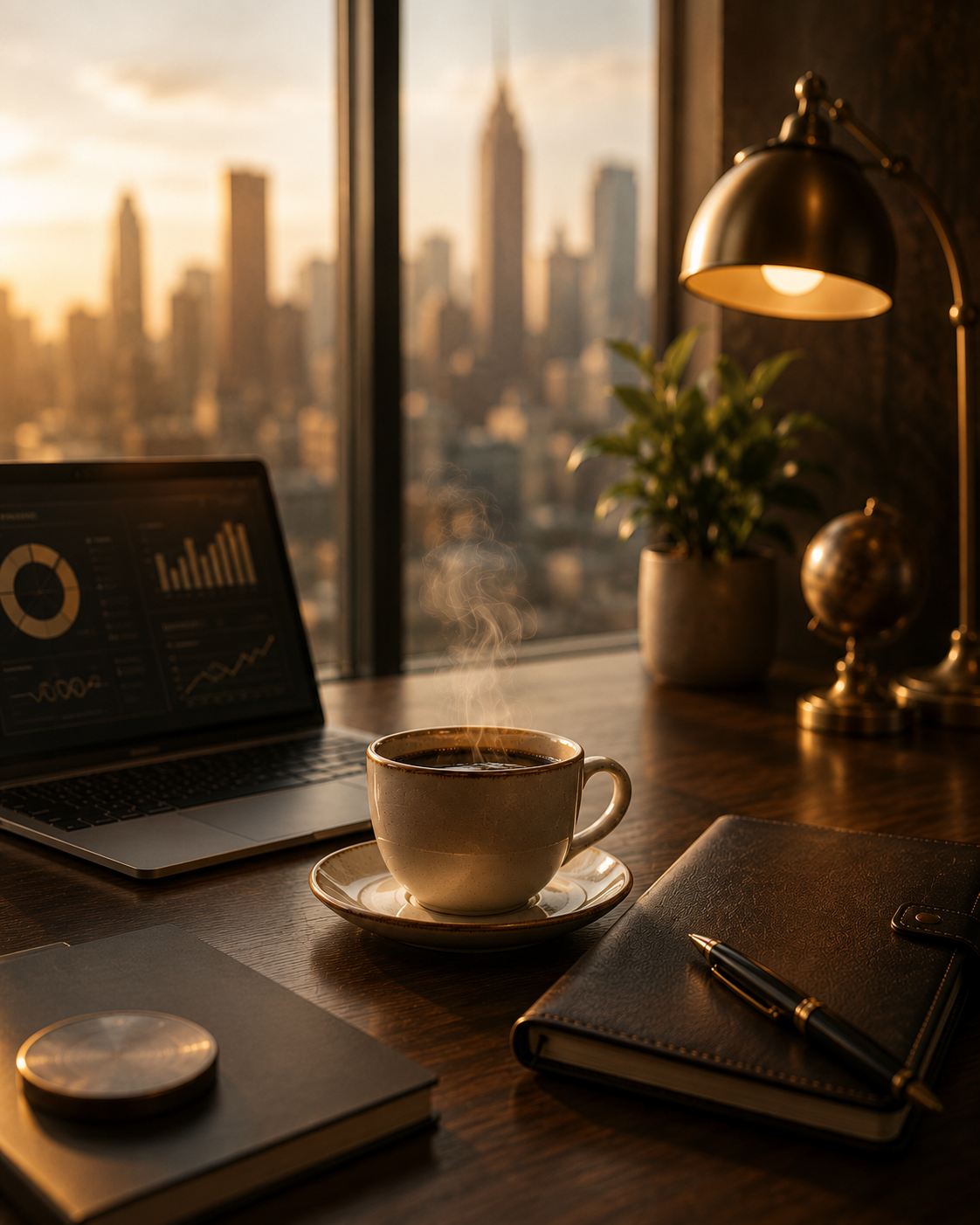 Cybersecurity governance advisory desk with laptop and coffee for executive risk review.