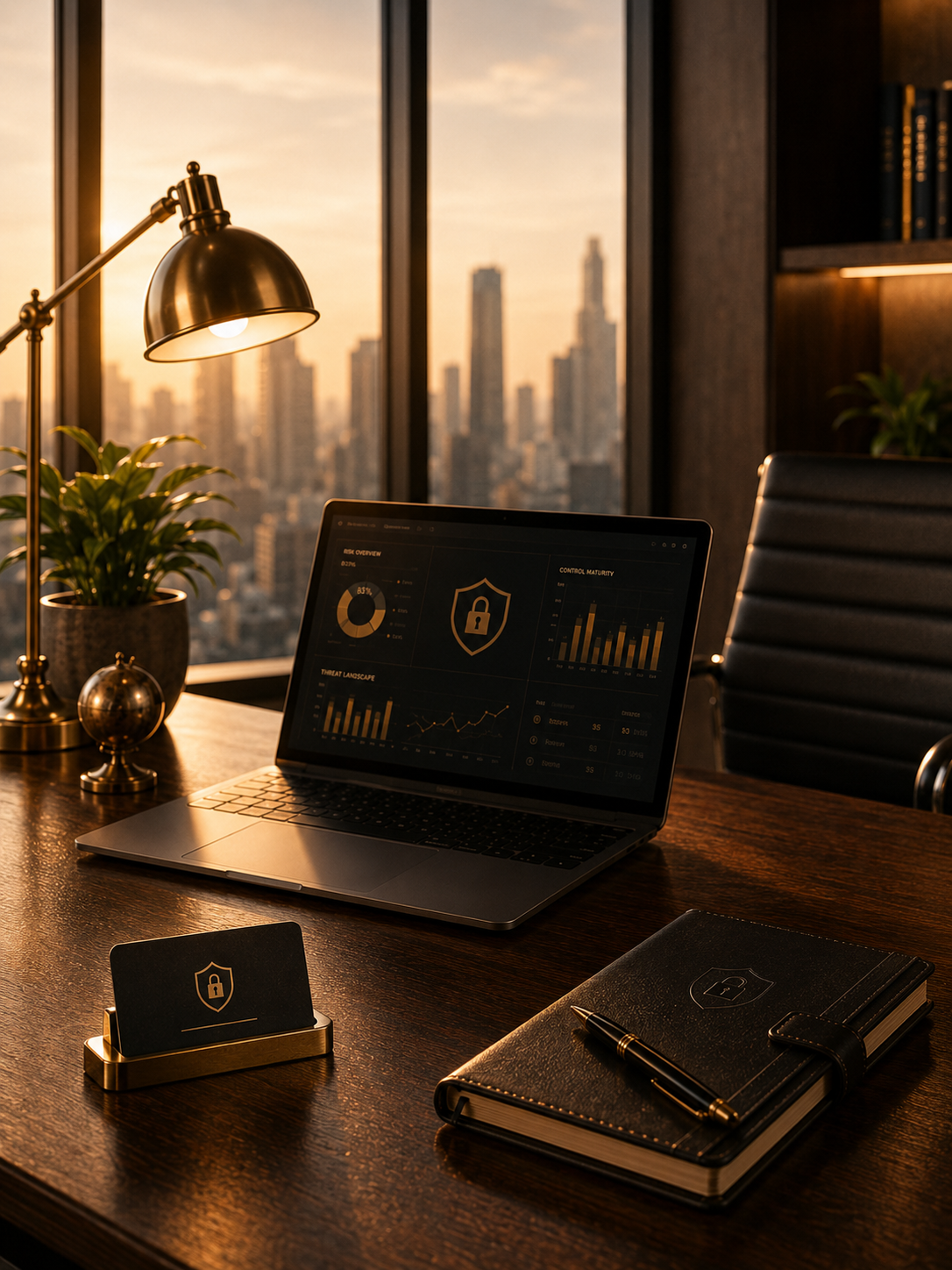 Cybersecurity risk management workspace with laptop, business materials, and city skyline.