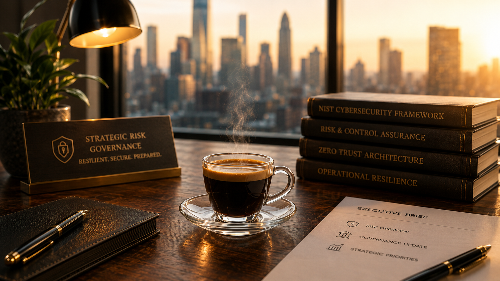 Executive cybersecurity governance desk with strategic risk materials and city skyline.