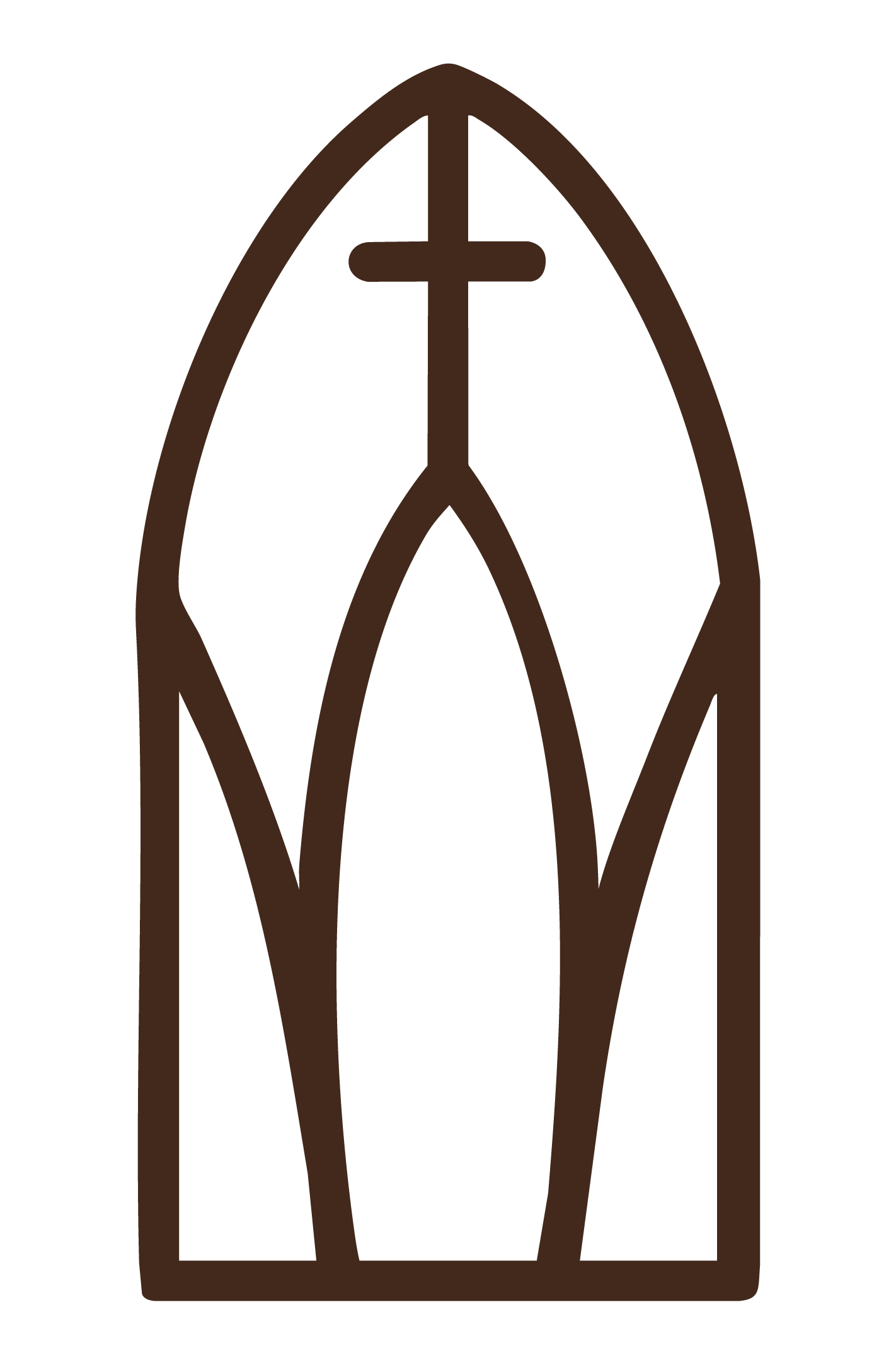 A digital drawing of a brown church steeple with a cross at the top, designed with simple lines on a black background.