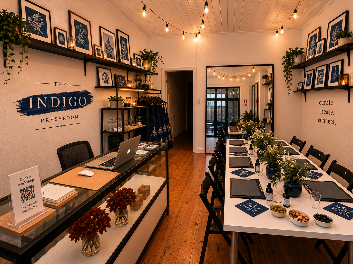 A cozy, well-lit workshop space at The Indigo Pressroom, featuring a long table set for a class with black chairs, potted flowers, notebooks, and bottles, with shelves displaying framed botanical artwork and decorative jars, warm lighting bulbs overhead, and a bright, inviting atmosphere.