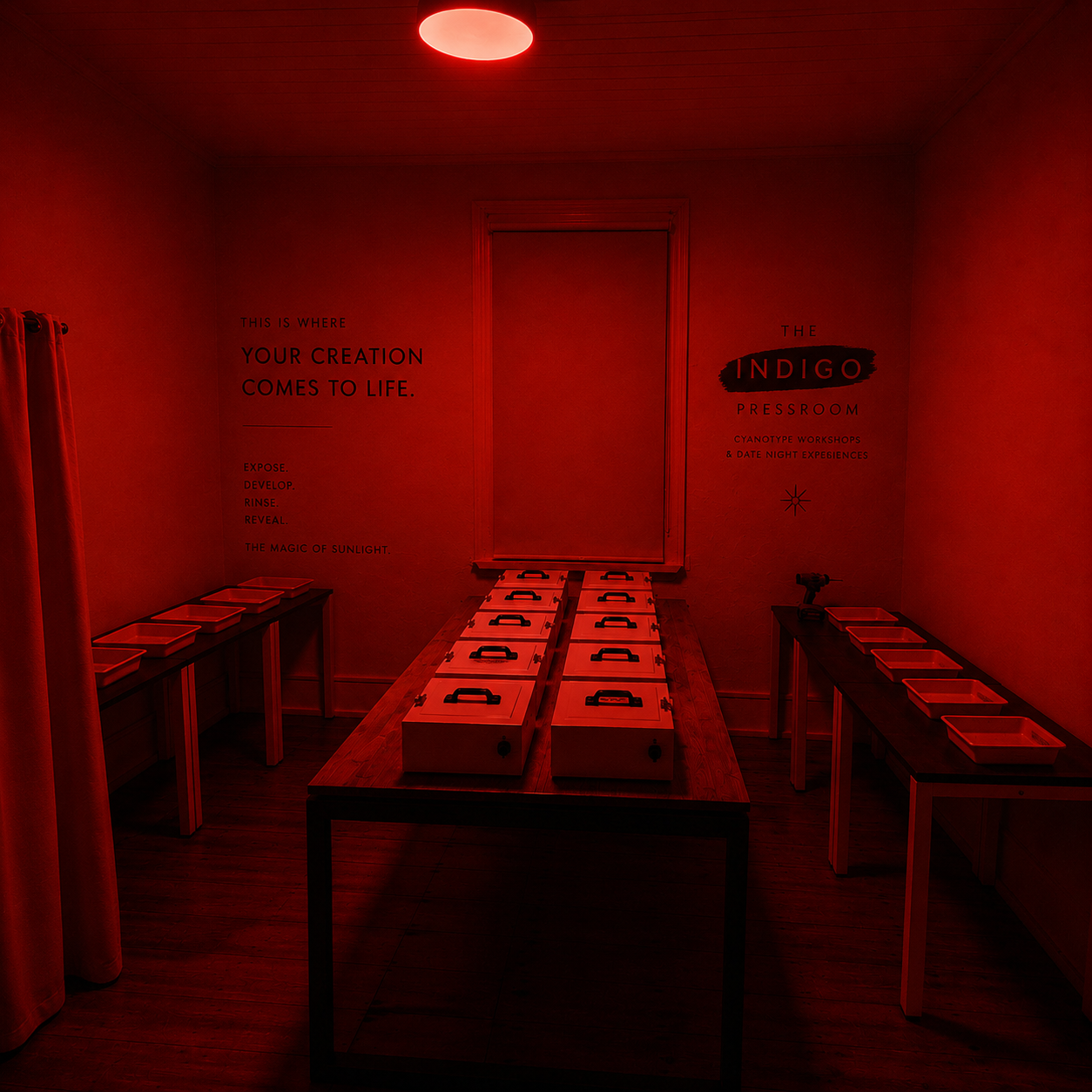 A dimly lit room with red lighting, featuring a central wooden table with boxes and several containers on tables along the walls, and promotional text on the walls about creativity, cyanotype workshops, and the Indigo Pressroom.