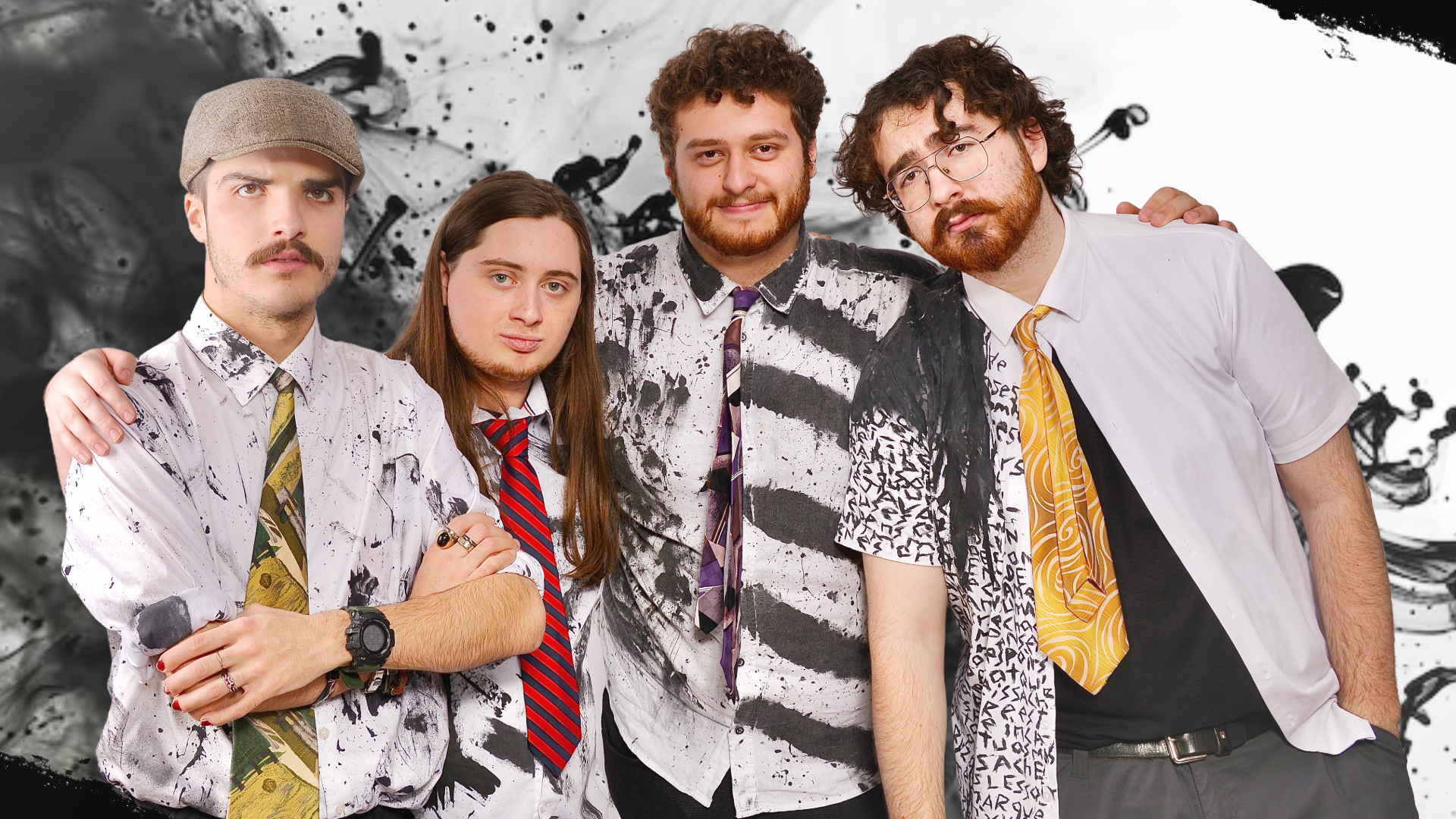 Four young adults standing closely together, wearing casual and eclectic clothing, with a black and white graffiti-style background.