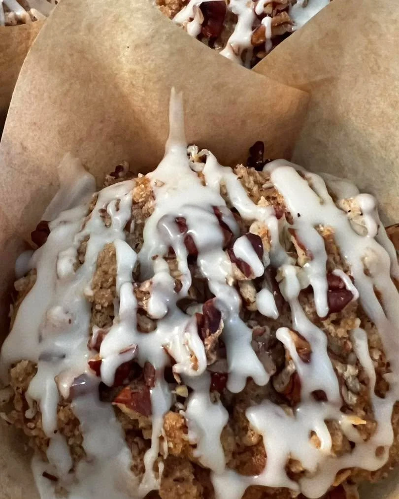 Maple Pecan Cinnamon Crumble Muffins!!! highpeaksfarmersmarkets this Saturday ☀️ #TMariesPies #highpeaksfarmersmarkets #SaranacLake