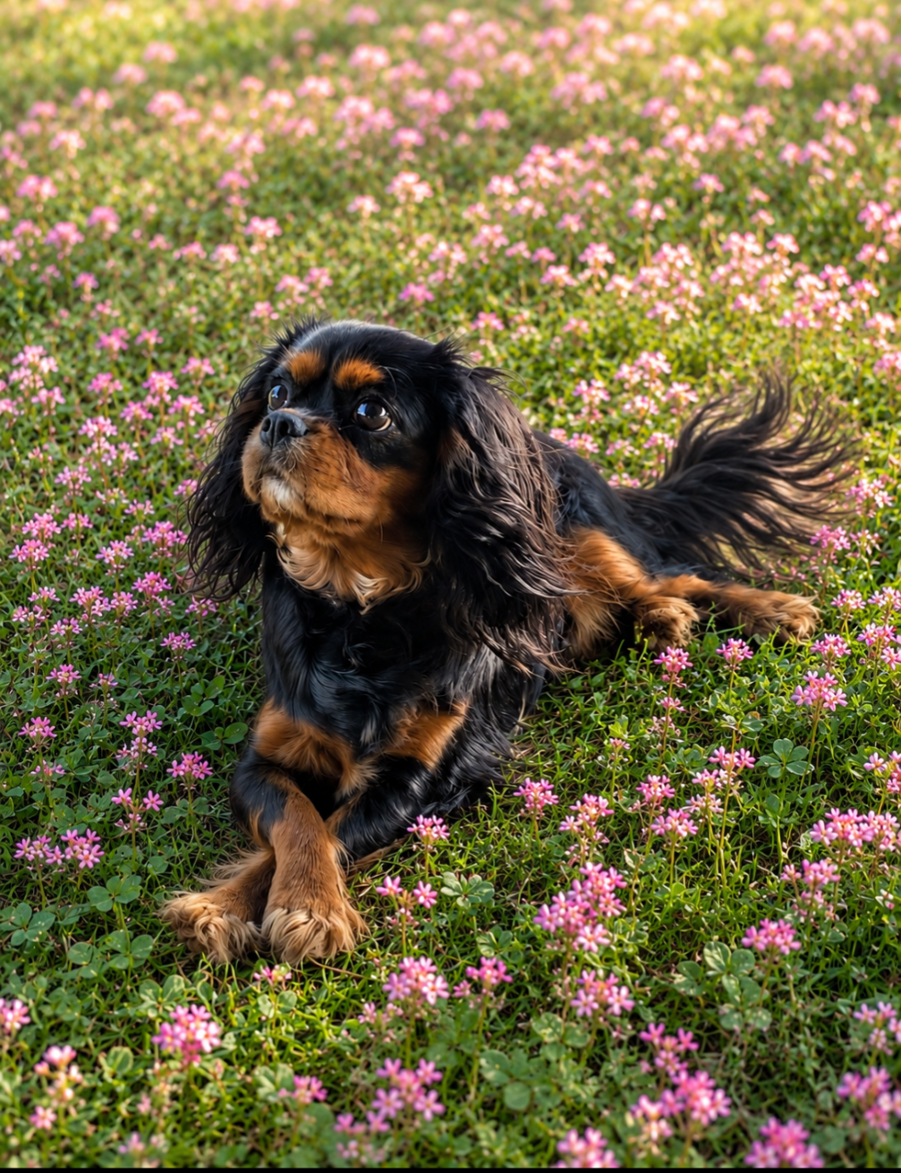 A black and brown Cavalier King Charles Spaniel lying on a field of pink flowers during sunset.