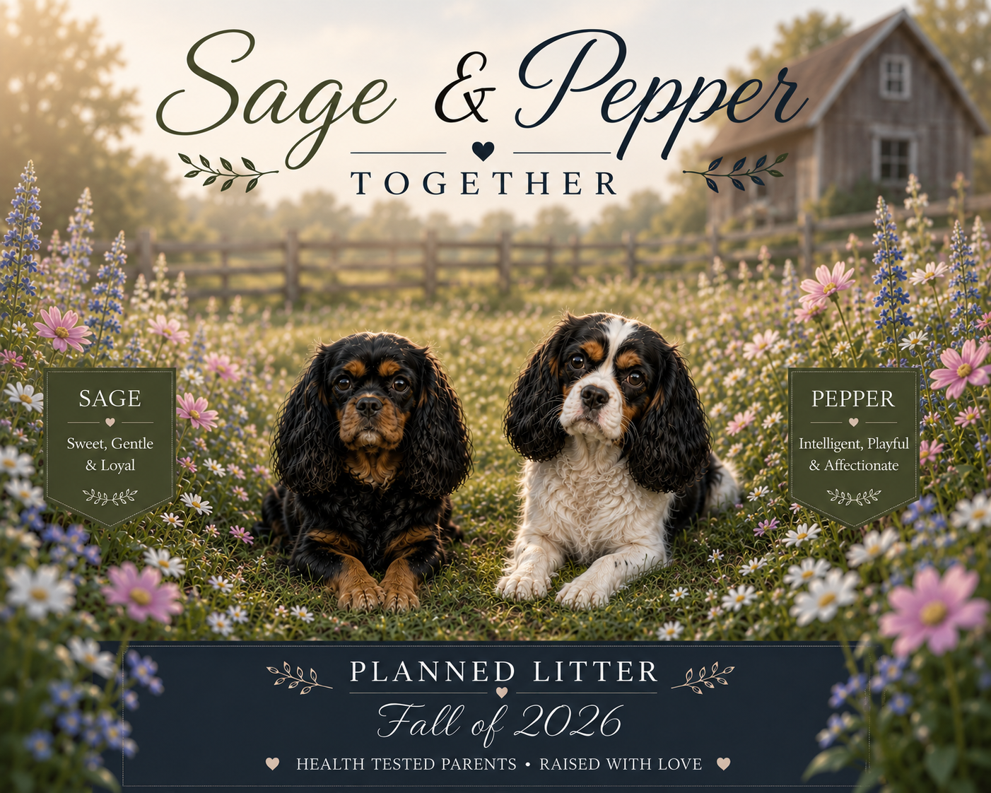 A garden scene with two adorable Cavalier King Charles Spaniel puppies lying on grass among colorful wildflowers, with a rustic wooden house and trees in the background, and overlay text promoting a pet planning event for fall 2026.