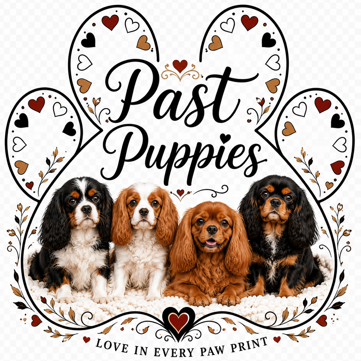 Four adorable Cavalier King Charles Spaniel puppies sitting on a soft white surface, centered beneath a graphic with a heart and floral decorations. The image includes the text 'Past Puppies' and the phrase 'Love in every paw print' at the bottom.