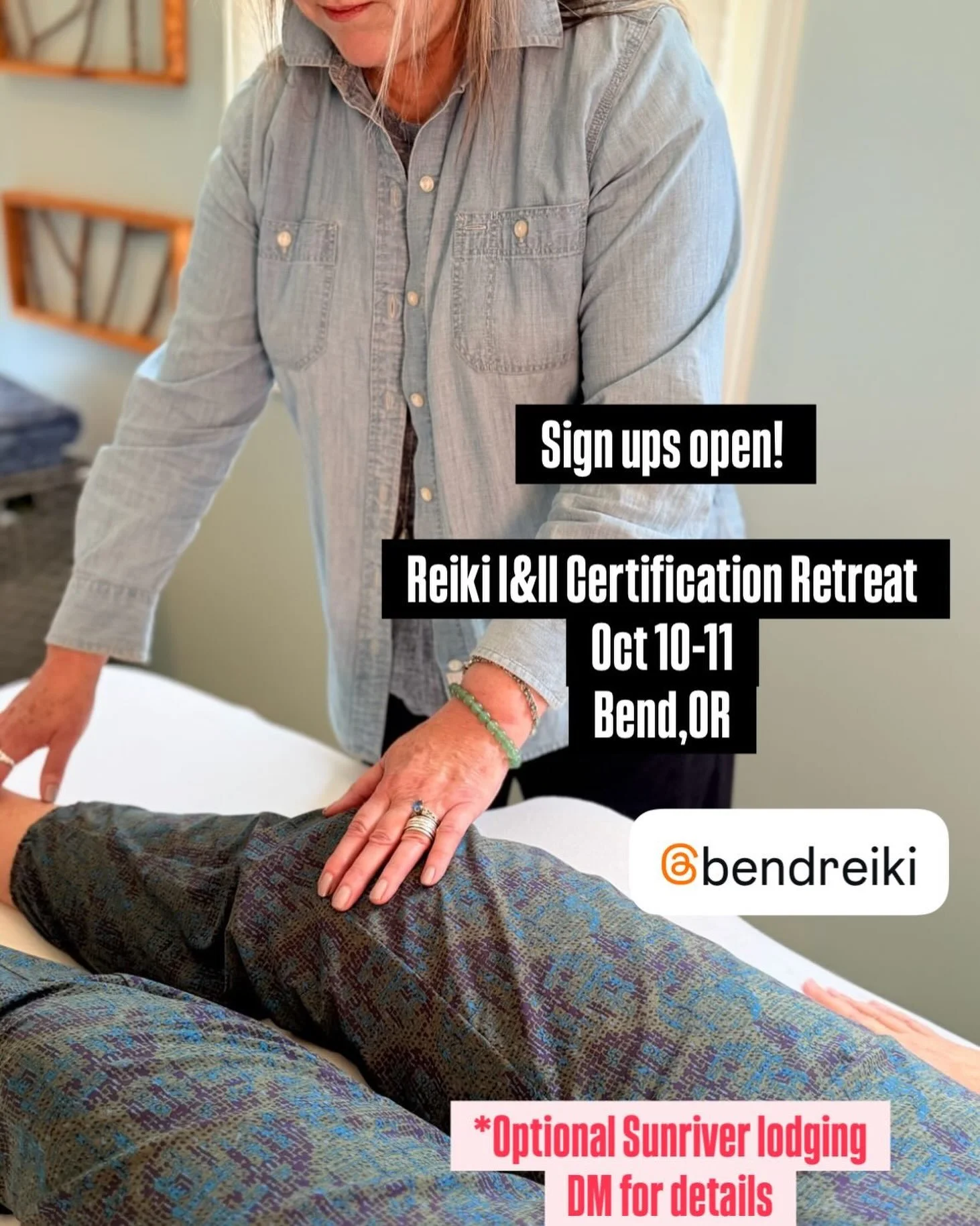 Learn foundations of Reiki practices in a weekend retreat. Stay in Sunriver, enjoy morning meditation walks and evening practice sessions. Reiki instruction 10-5 in Bend w Reiki.Org trained Lisa and Kathleen from@Bend Reiki