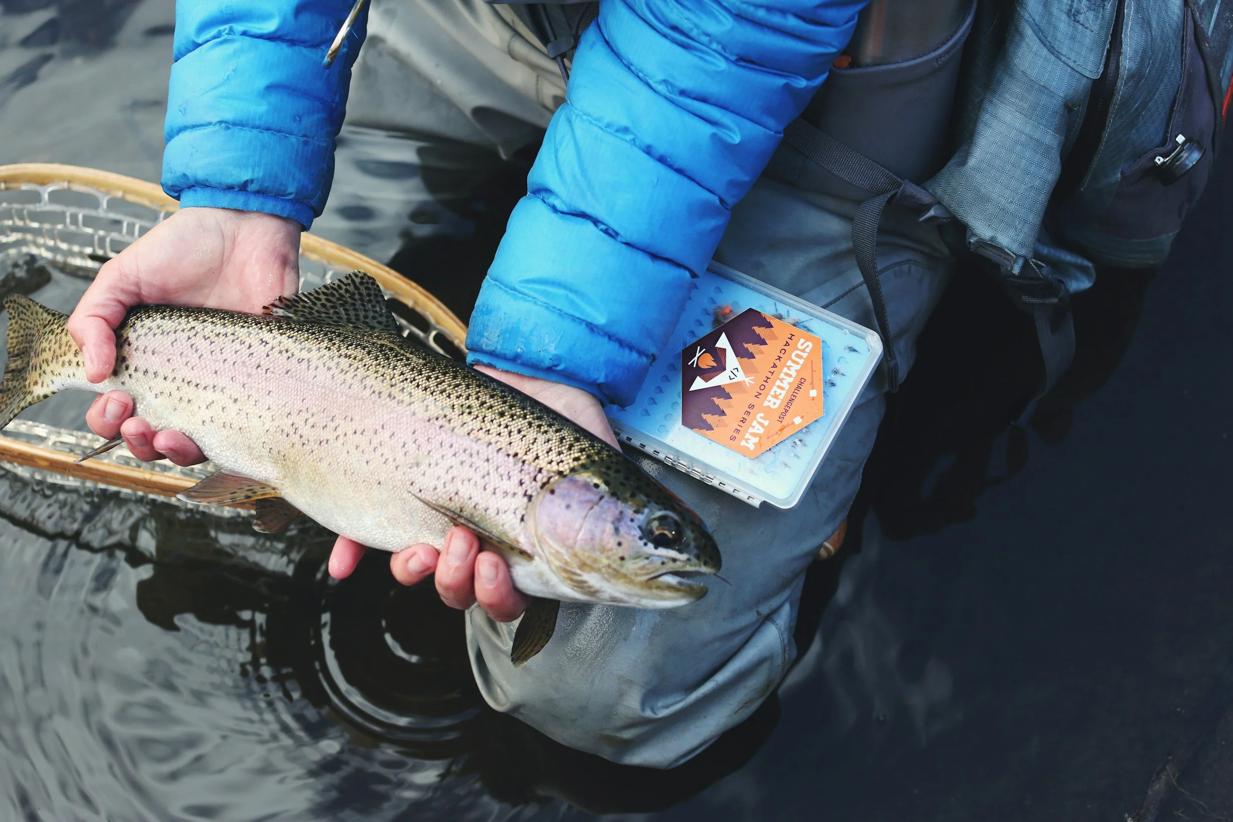 A person wearing a blue jacket holding a fish over water, with a fishing tackle box visible in the background.
