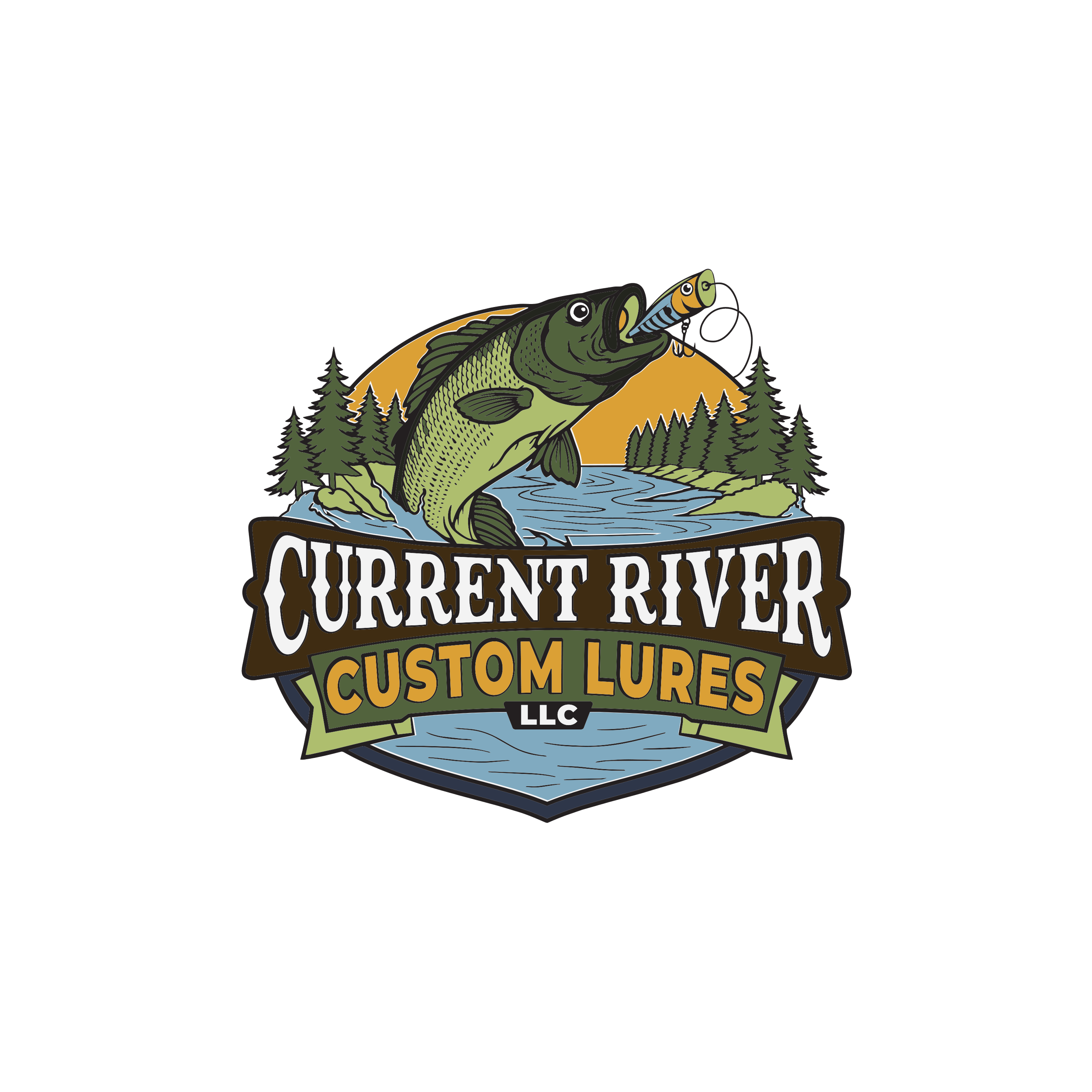 Logo for Curd River Outdoors LLC featuring a large fish with a fishing lure in its mouth, surrounded by trees, with the text "Curry River," "Custom Lures" and "LLC".
