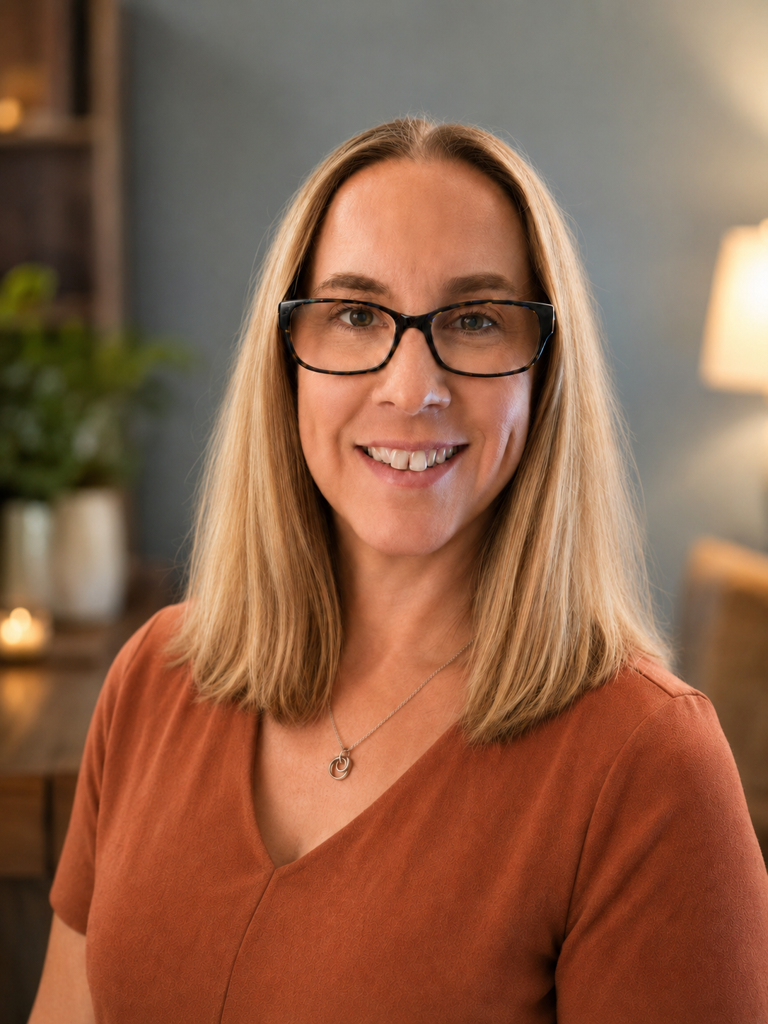 Woman with glasses posing for photo