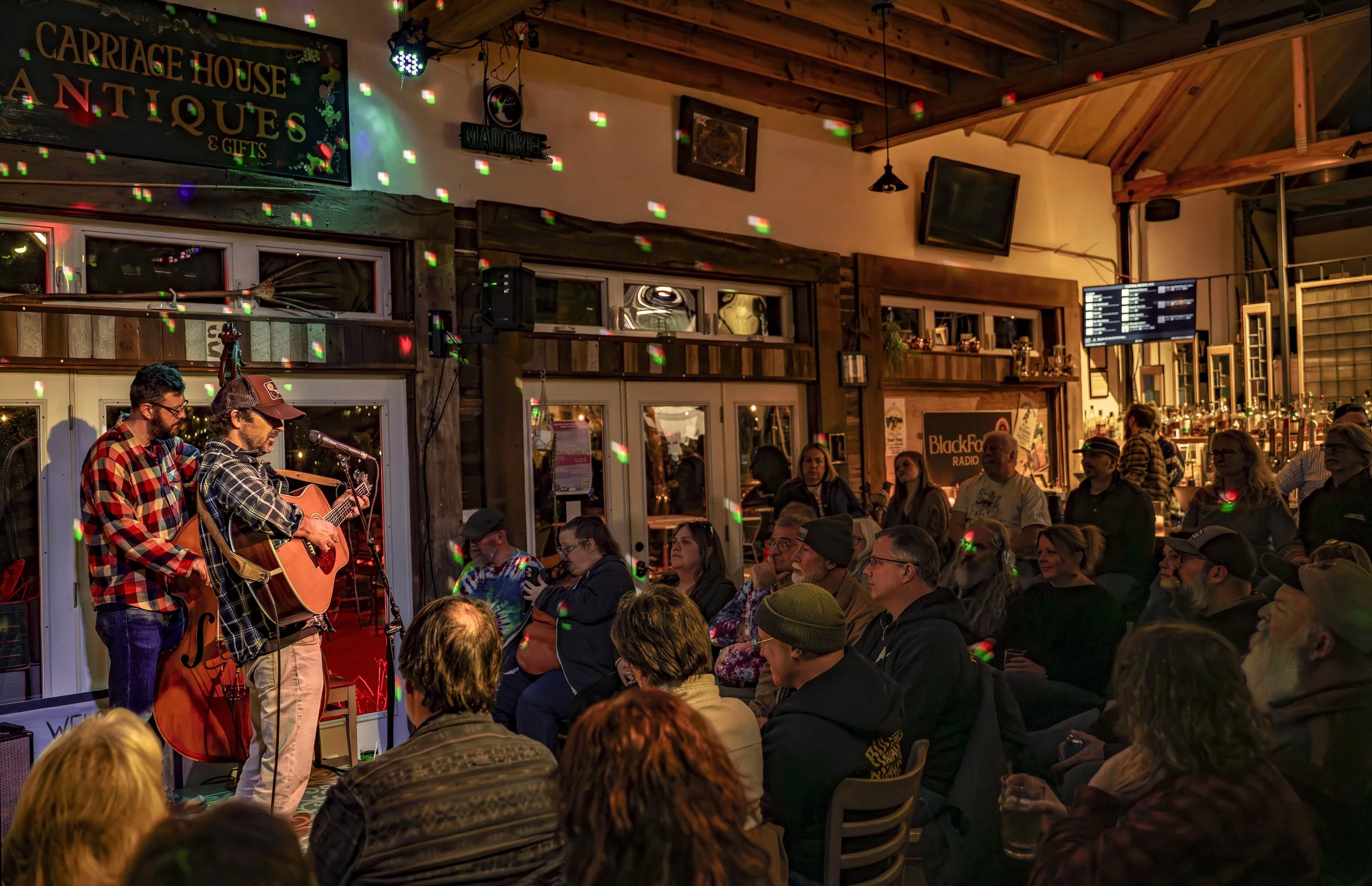 A crowd of people watching David Faul and Aaaron Geil perform with guitar and upright bass indoors at a rustic venue with wooden beams and shelves, illuminated by colorful lights.