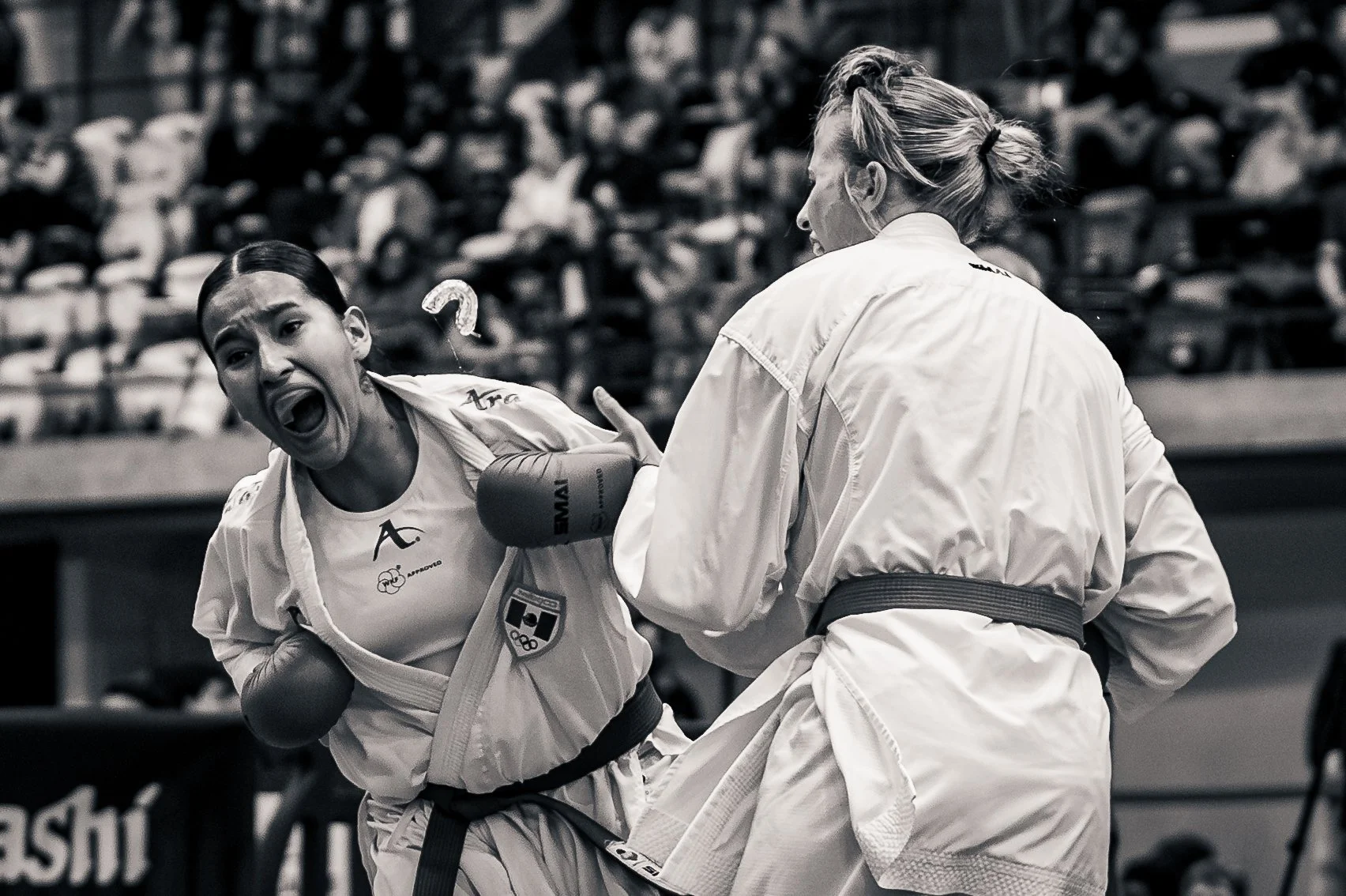 Two women in martial arts uniforms competing at the montreal open international, with one woman appearing to attack while the other defends, in front of a crowd seated in the background. flying mouth piece