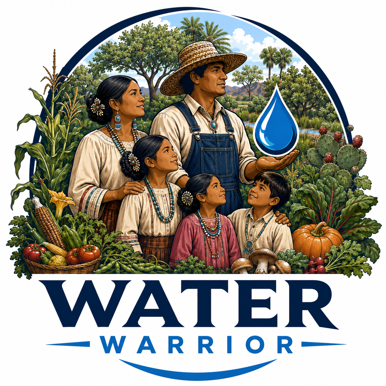 Illustration of a family of Native Americans holding a water droplet symbol, surrounded by vegetables and plants, with the words "Water Warrior" below.