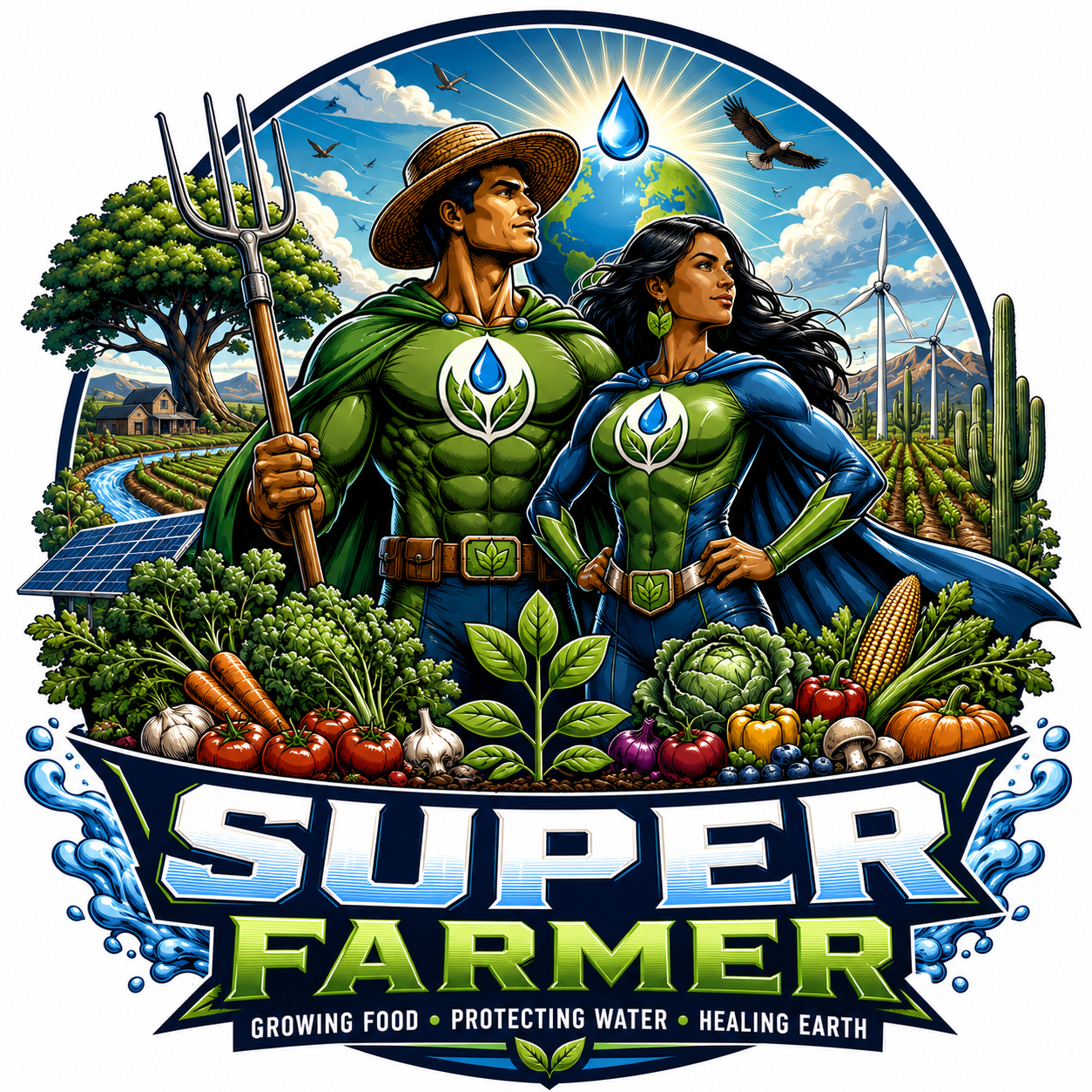 A colorful illustration of a male and female superhero dressed as farmers with plant-themed emblems on their chests, standing confidently among vegetables, in front of a landscape with farms, wind turbines, solar panels, a river, trees, and birds, pr