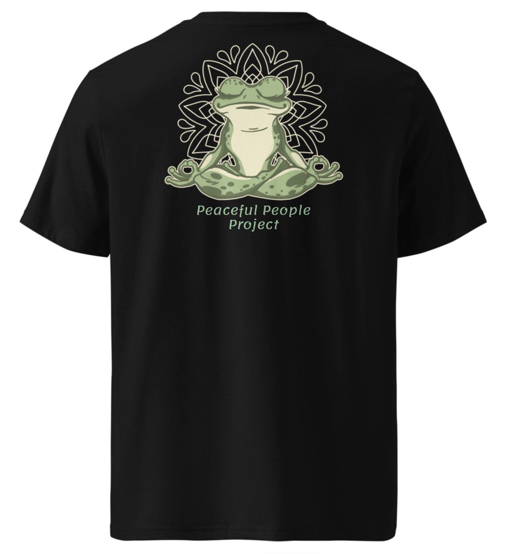 Back of a black T-shirt with a graphic of a frog sitting in a lotus position, with a mandala design behind it, and the words 'Peaceful People Project' written below.