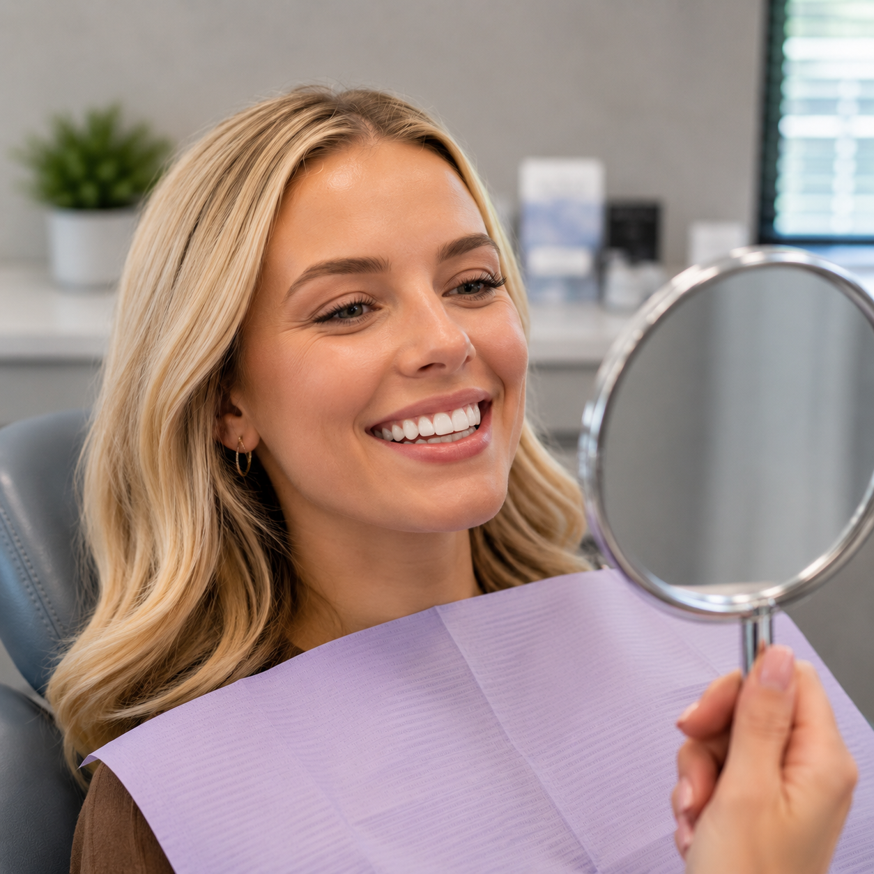 A woman sitting in a dental chair, smiling at her reflection in a hand mirror, with a purple dental bib around her neck, in a dental office setting.