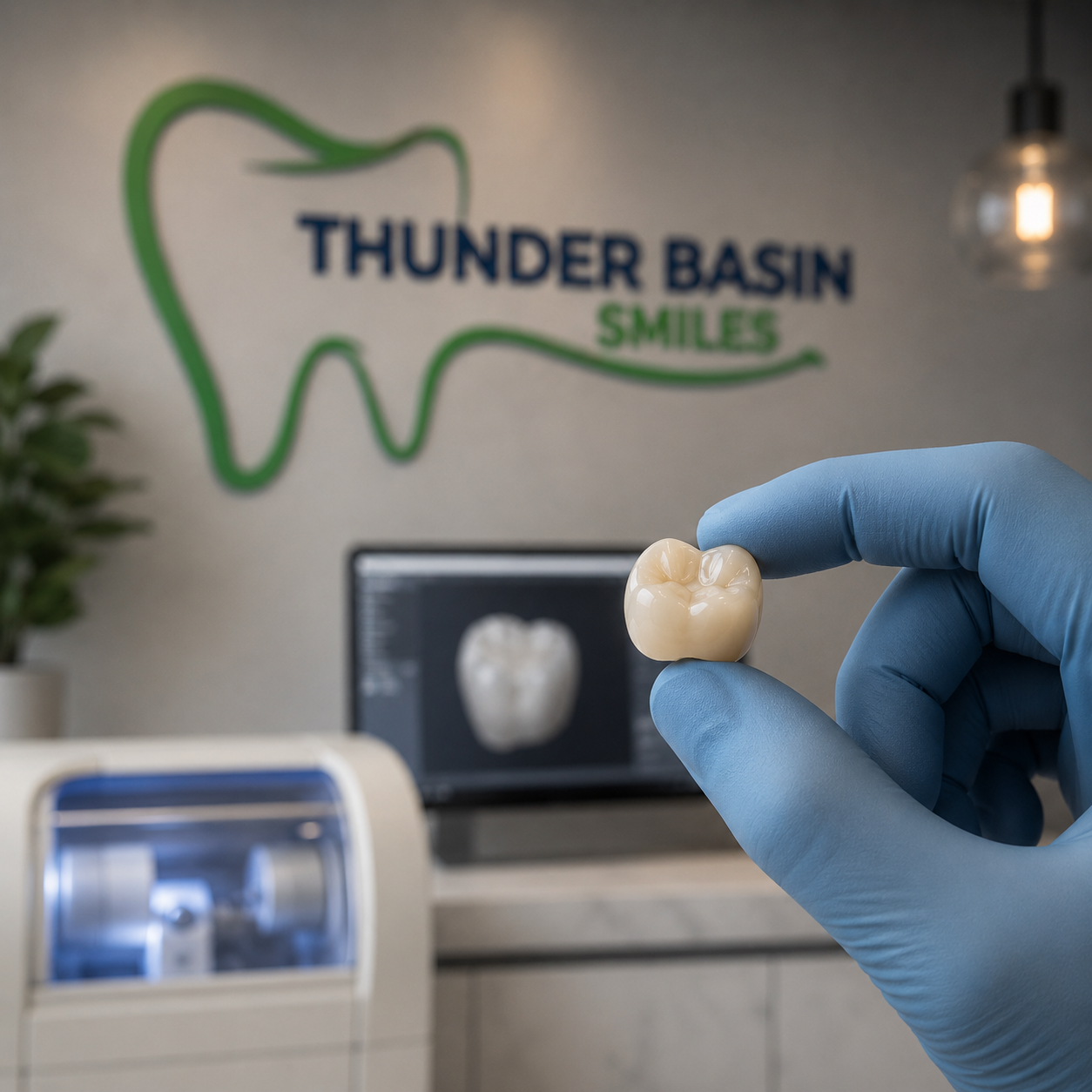 A dentist's hand wearing a blue glove holding a dental crown in front of a dental office wall with the sign "Thunder Basin Smiles" and a tooth logo, a computer monitor displaying a tooth model, and dental equipment nearby.