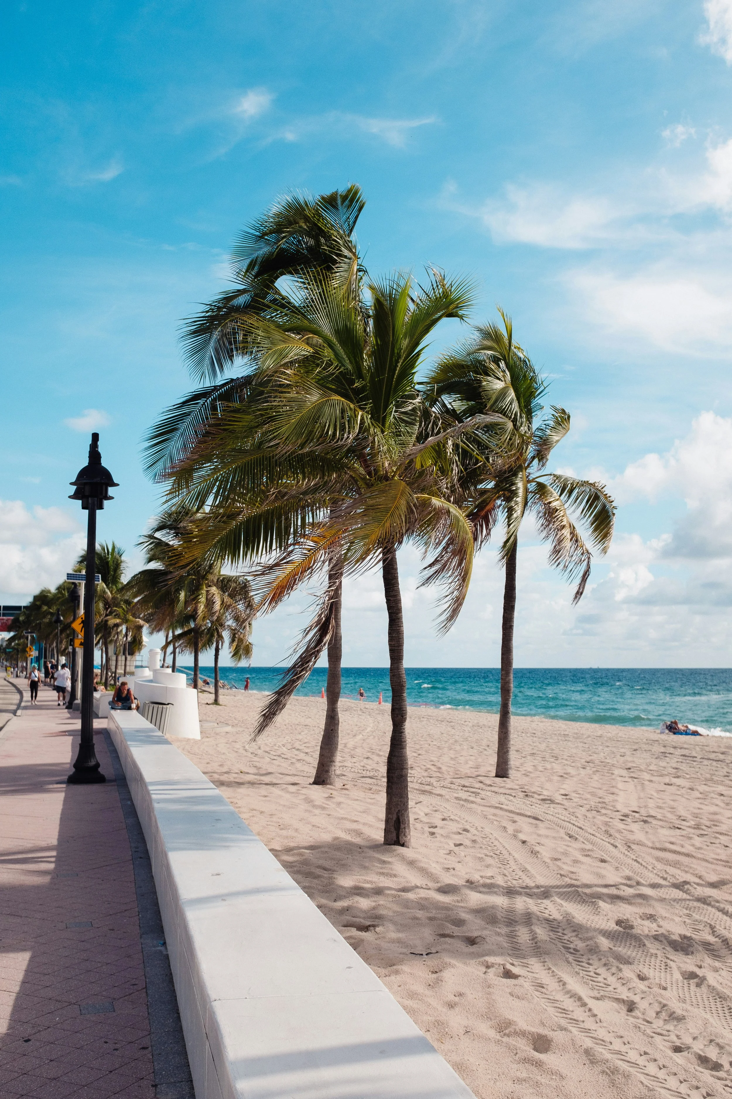 Beach with palm trees, sandy shore, blue ocean, and a partly cloudy sky. A walkway with benches and people walking is visible on the left side.