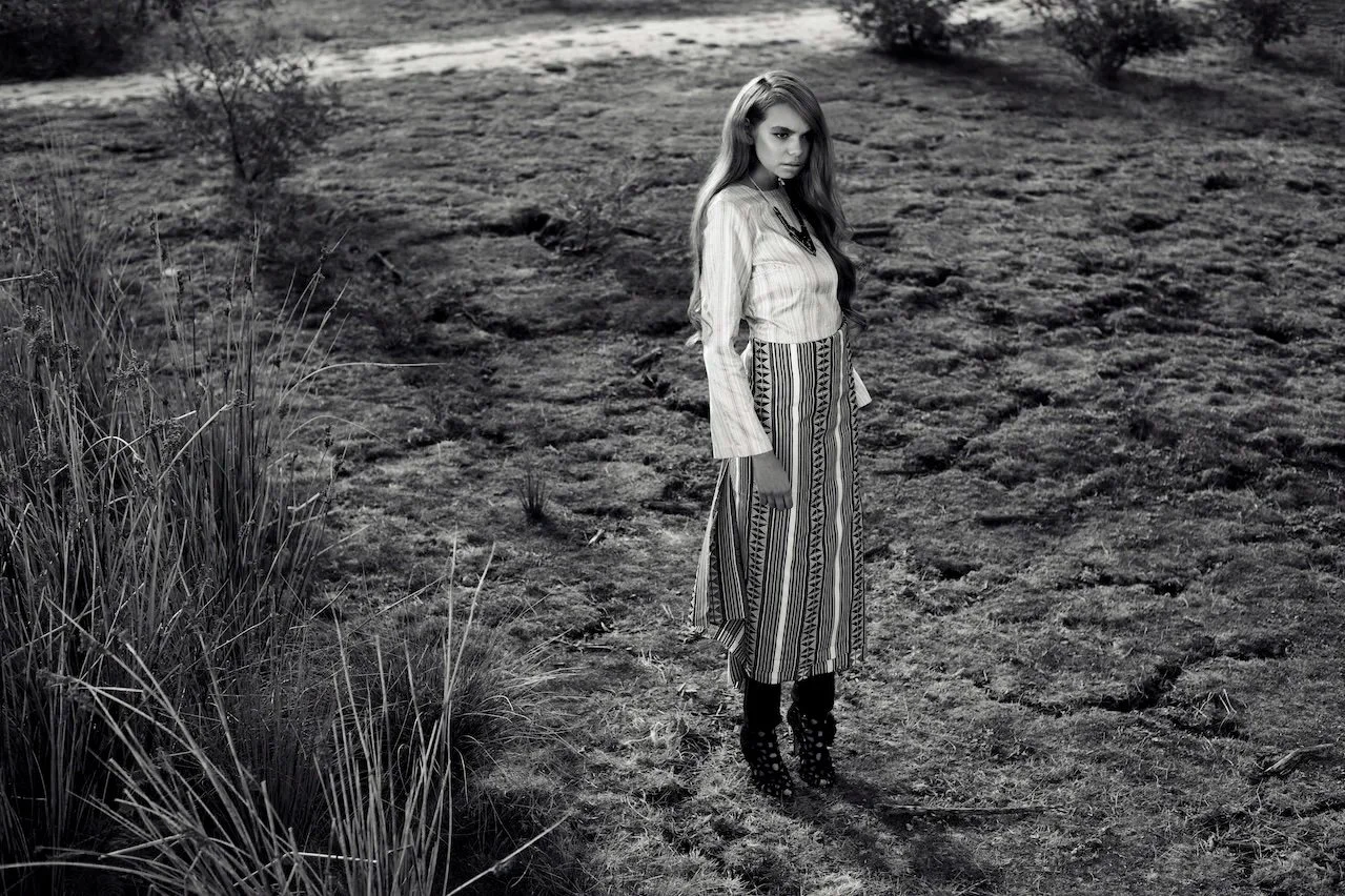First Nations model in a fashion editorial on Wadawurrung Country.
