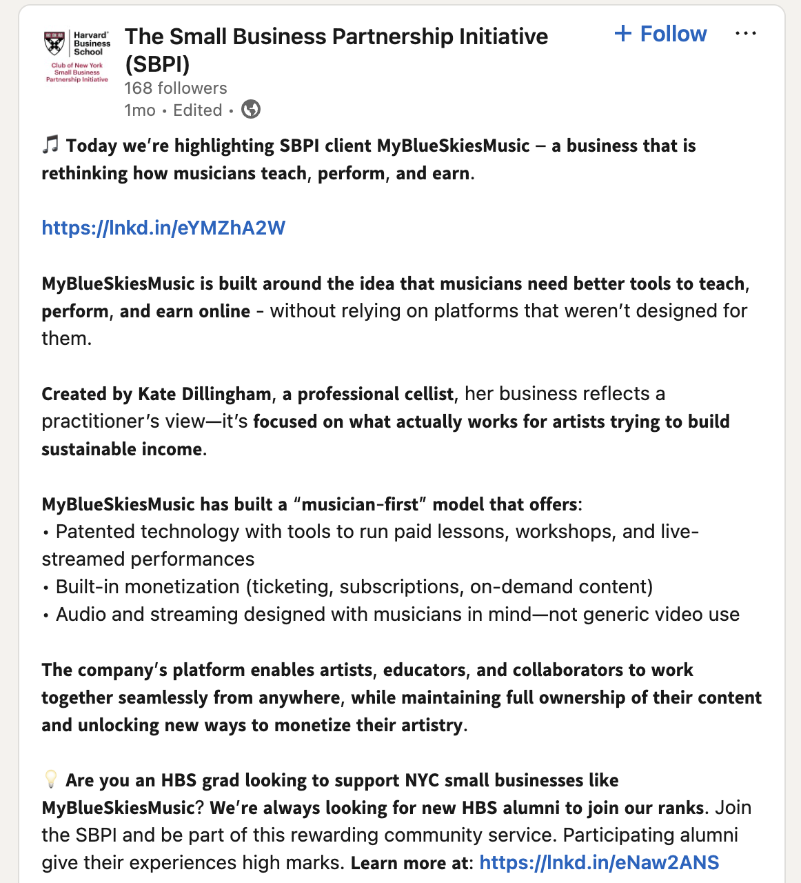 Kate and MyBlueSkiesMusic Featured in Harvard Business School’s The Small Business Partnership Initiative’s LinkedIn 