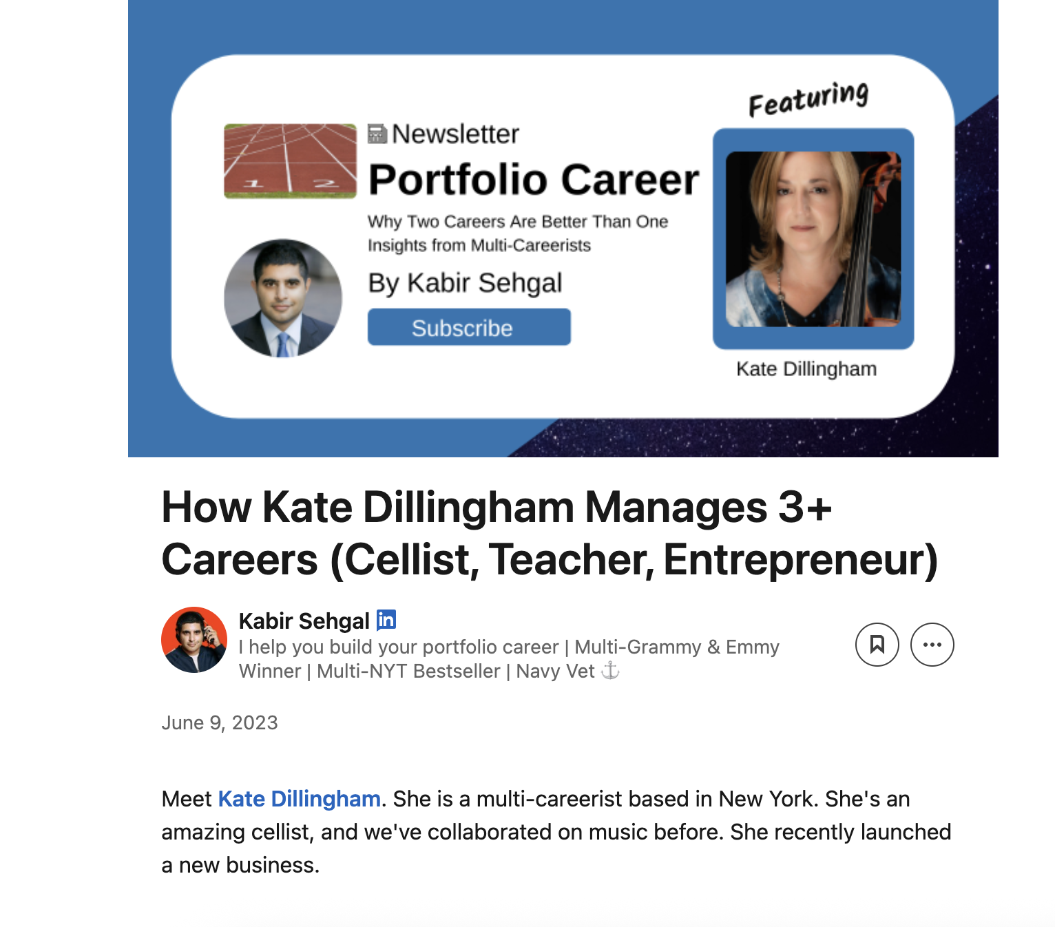 Kate Featured in Grammy Award winner Kabir Sehgal’s Portfolio Career 