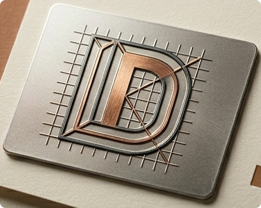 Close-up of a 3D metallic letter 'ID' on a grid-lined surface with a ruler and pen nearby.