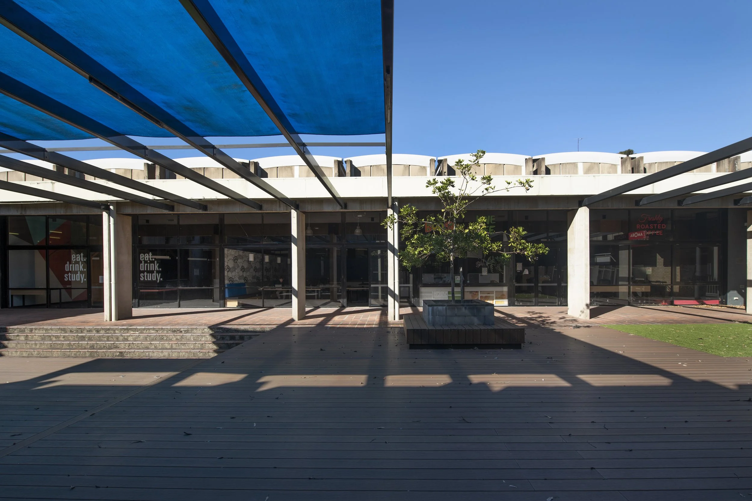 A modern building with glass doors, a small tree in a planter, and a blue canopy overhead. The sky is clear and blue.
