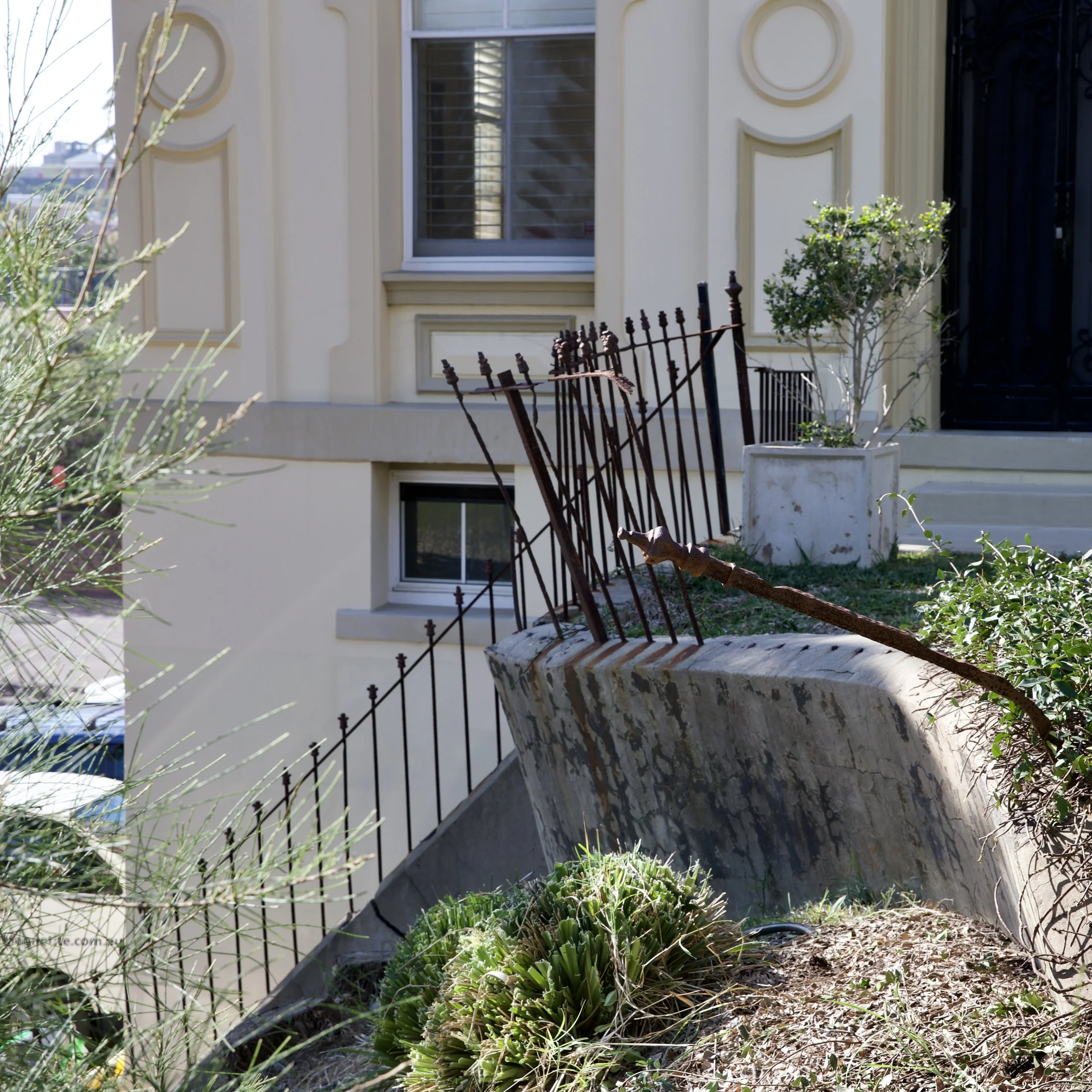 A garden border with green succulents, weeds, and plants in front of a beige residential building with windows and decorative trim.