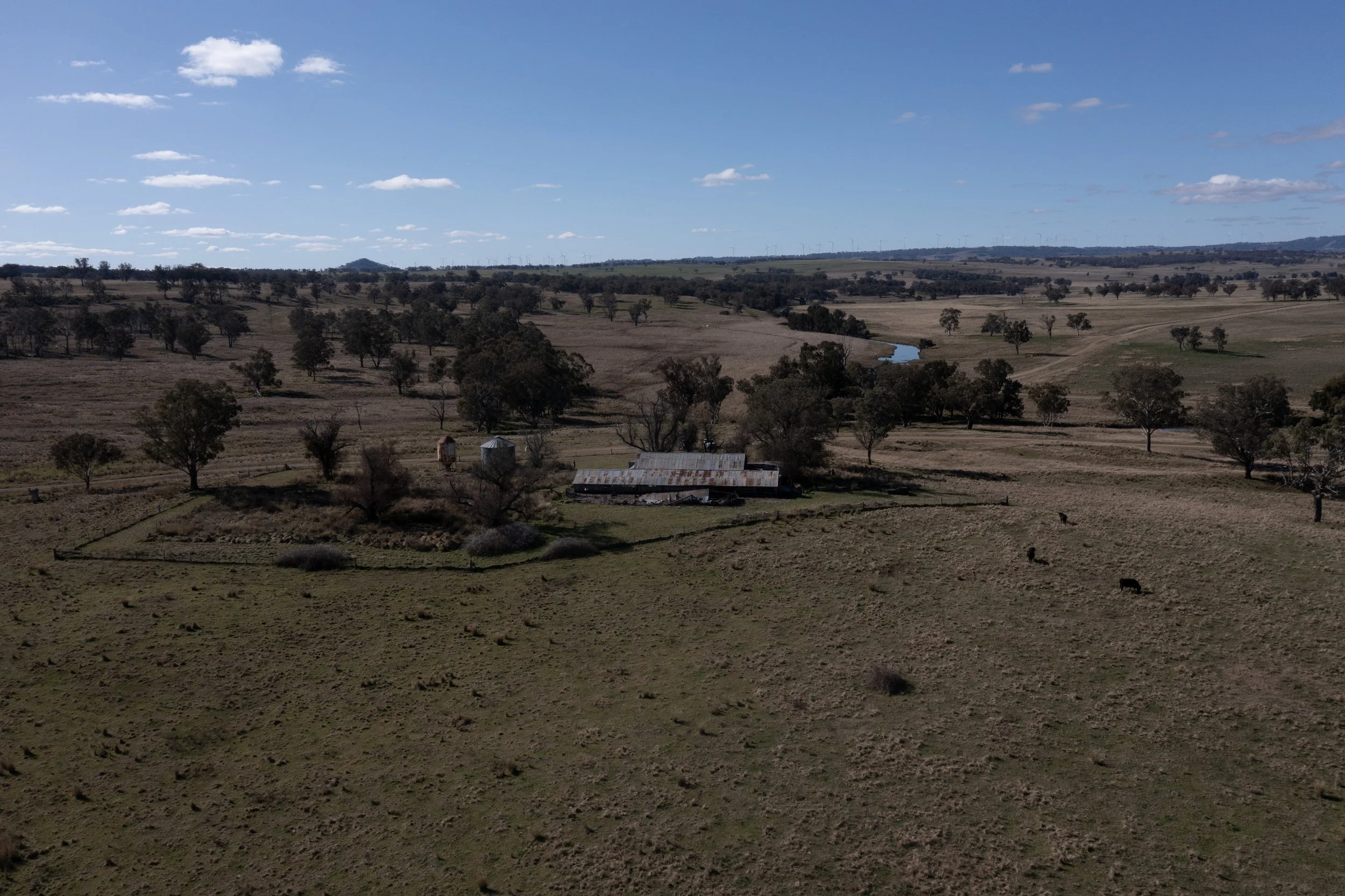 A vast rural landscape with rolling hills, sparse trees, a small pond, and an old barn with a rusty roof, under a clear blue sky with scattered clouds.