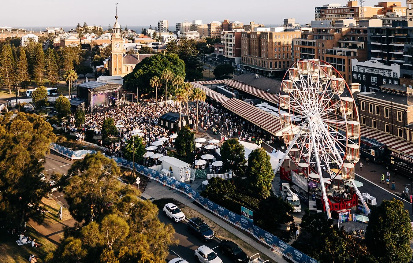 An aerial view of a city park with a large crowd attending a concert and a Ferris wheel nearby, surrounded by trees and city buildings in the background.