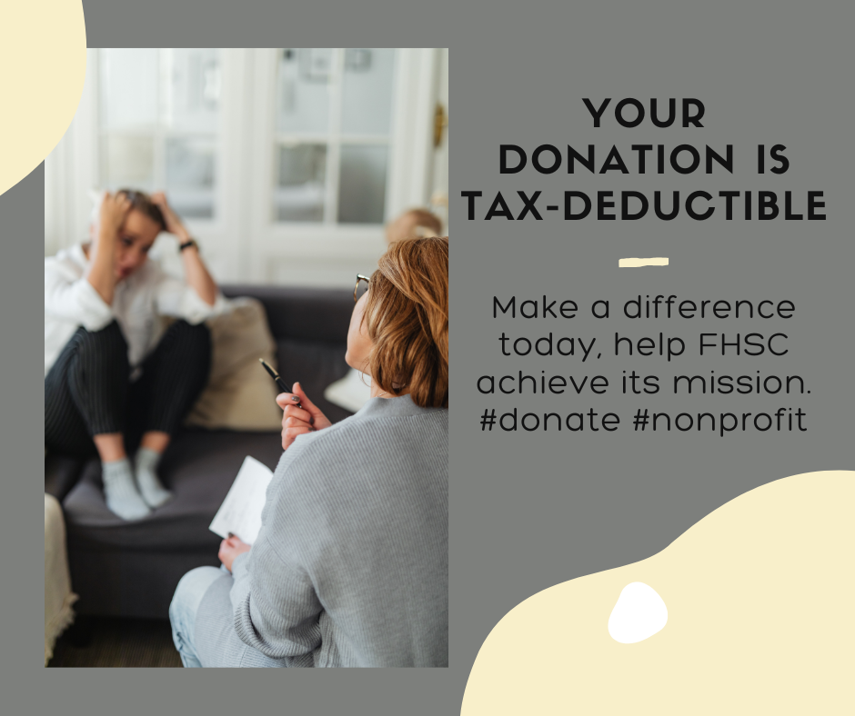 A woman sitting on a couch talking to a second woman, who is sitting on a chair and appears emotional. The image is part of a campaign promoting charitable donations for FHSC.
