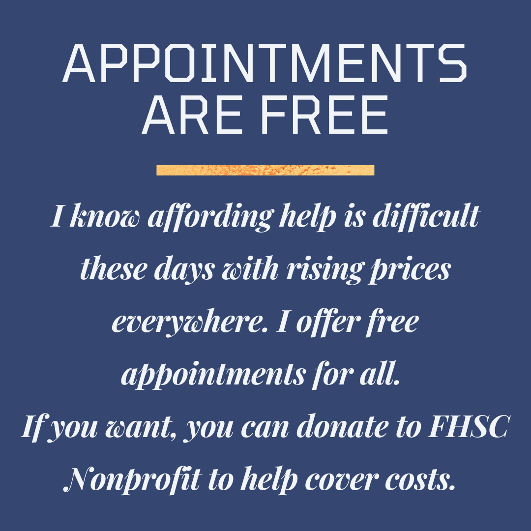 A blue informational sign advertising free appointments, highlighting that helping with financial costs is appreciated and providing donation options for a nonprofit.