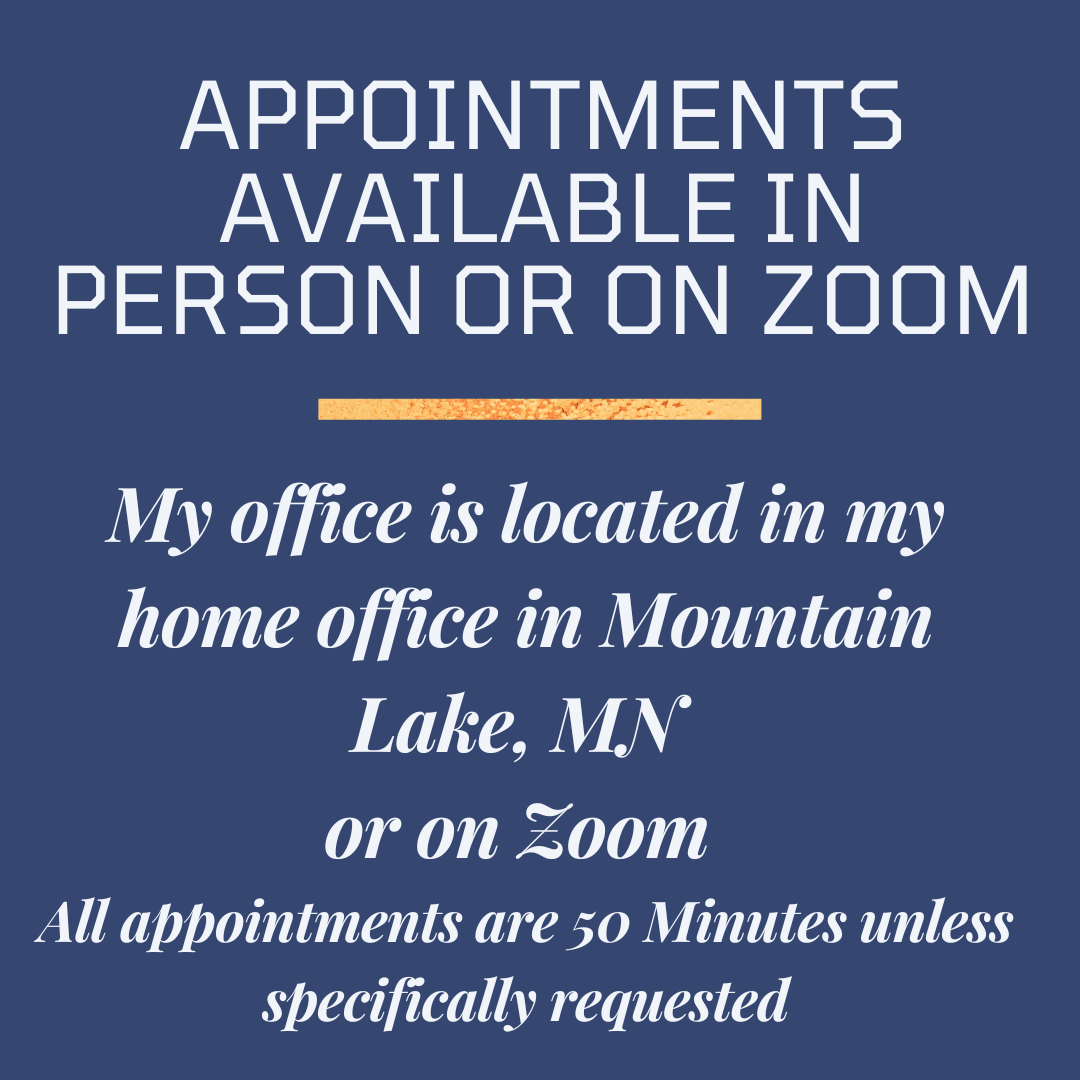Sign indicating appointments are available in person or on Zoom, with office location in Mountain Lake, MN, or on Zoom. Appointments are 50 minutes unless requested otherwise.