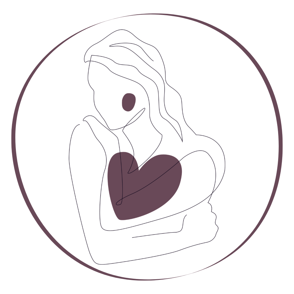 Image stylisée d'une femme étreignant un cœur, lignes minimales et contours linéaires avec une palette de couleurs sombres.