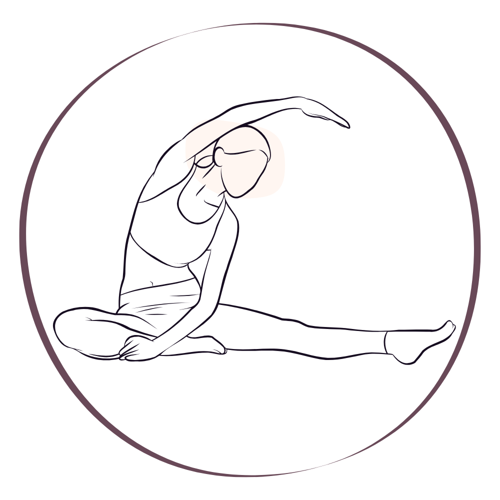 Illustration minimaliste d'une personne assise avec une jambe tendue, portant un chapeau noir et des lunettes, dans un cercle violet sur fond noir.