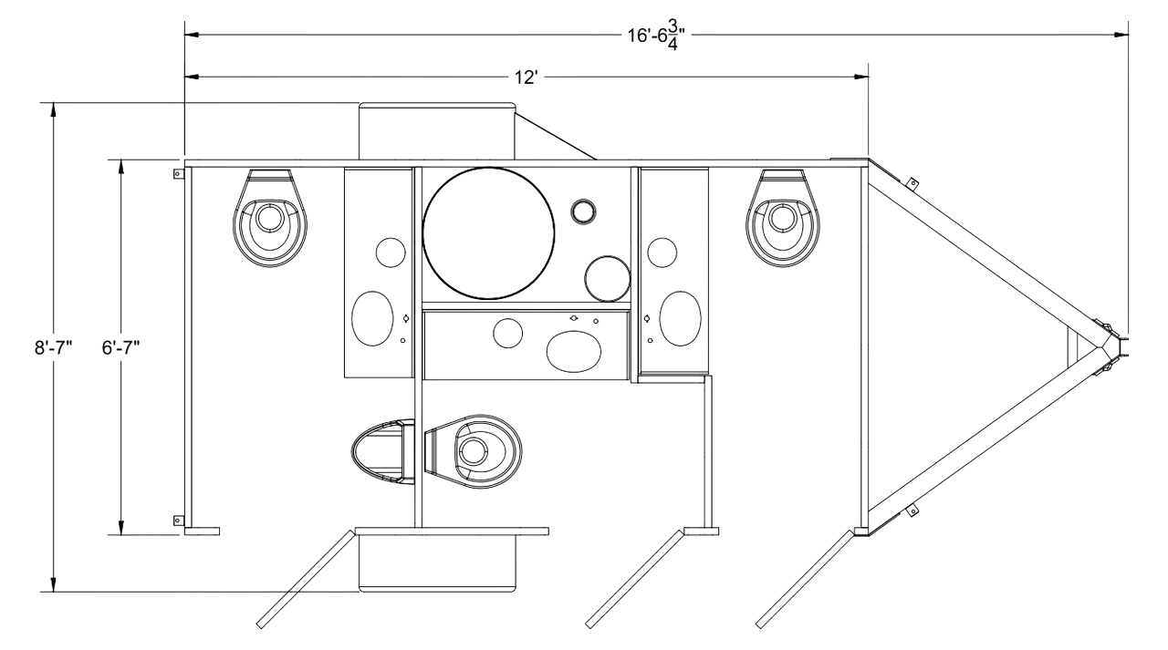 Architectural blueprint of a room layout with dimensions, including a bathroom with a toilet and sink, and an adjoining open space.